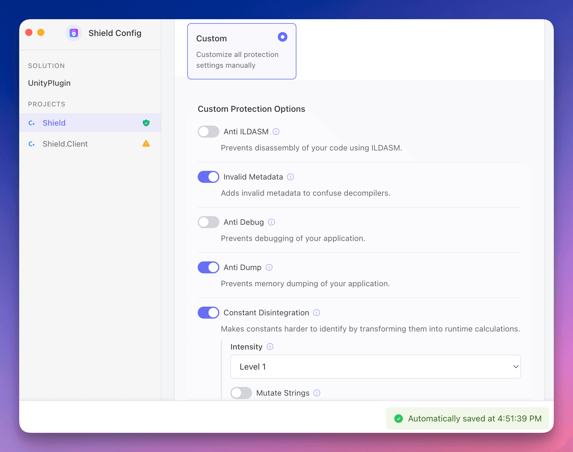 Protection Settings custom