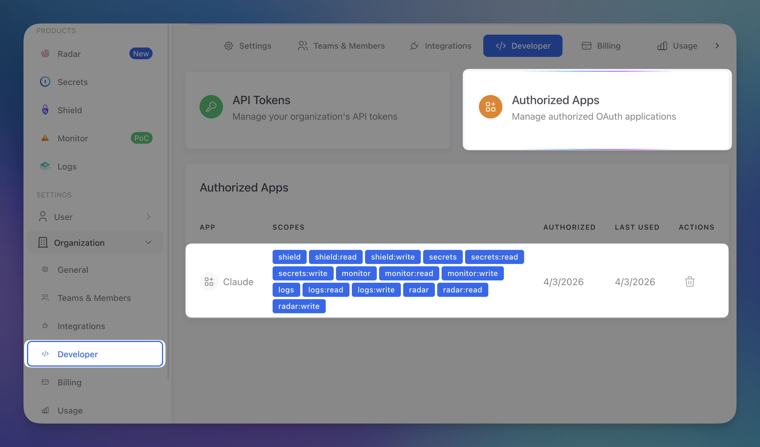 ByteHide dashboard showing the Authorized Apps section with Claude listed and all OAuth scopes visible