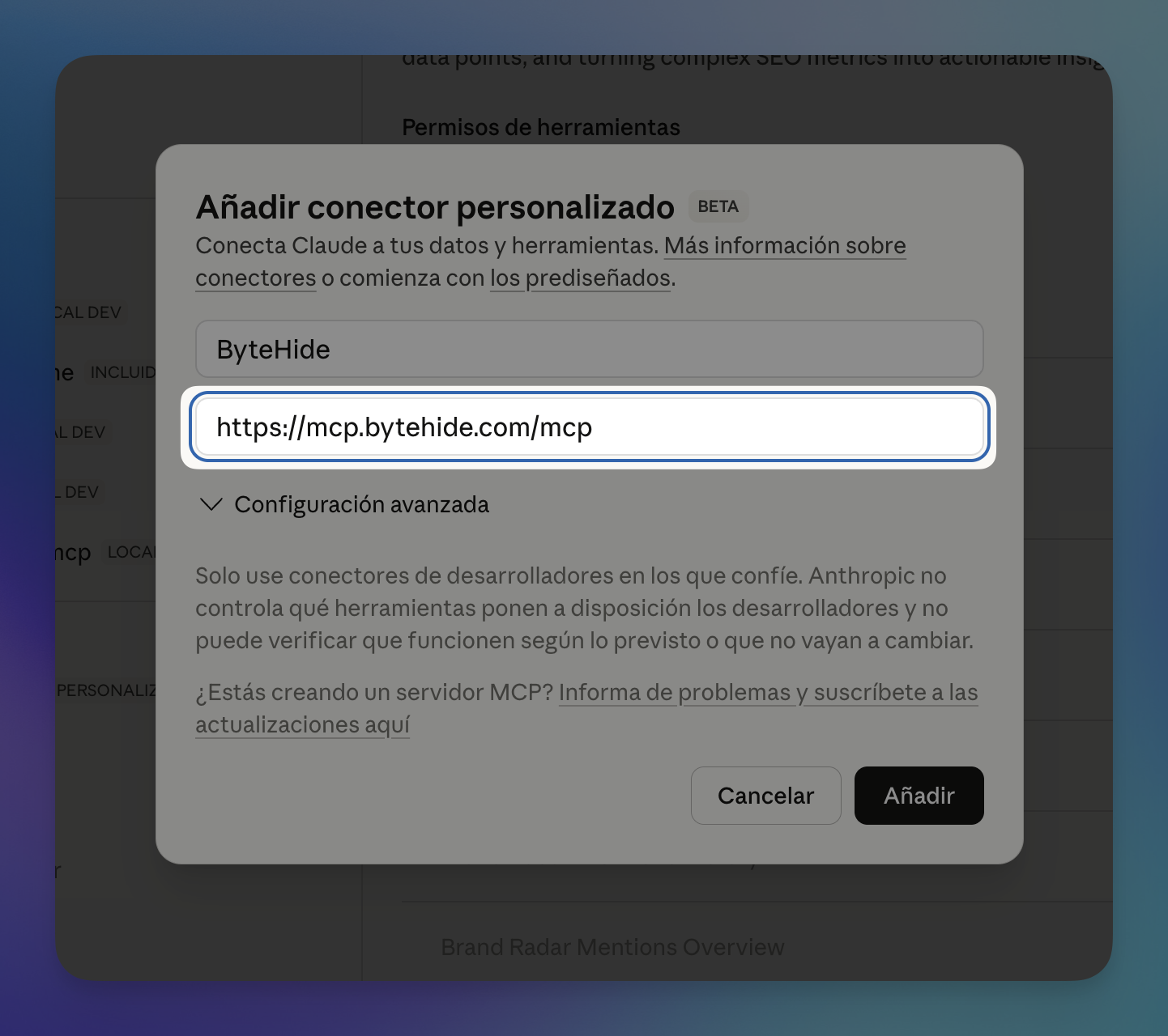 Adding ByteHide as a custom MCP connector in Claude Desktop with the server URL
