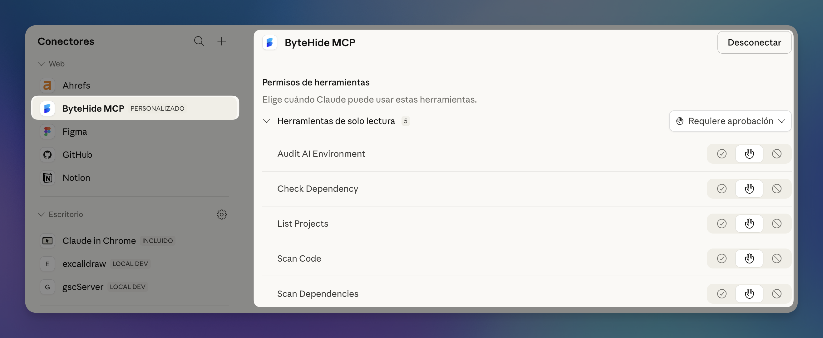 Claude Desktop connectors panel showing ByteHide MCP connected with 5 available tools