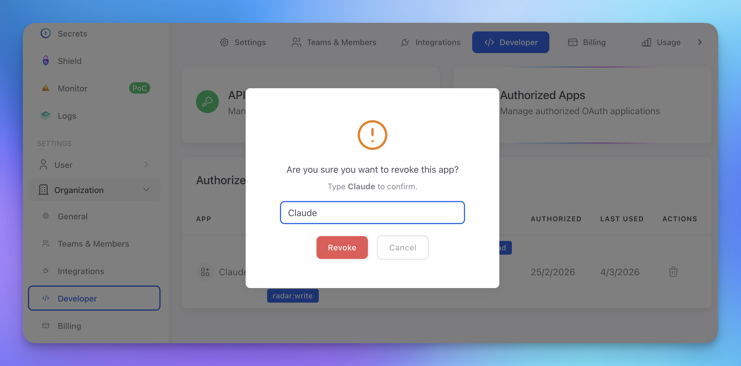 Revoke app confirmation dialog in the ByteHide dashboard