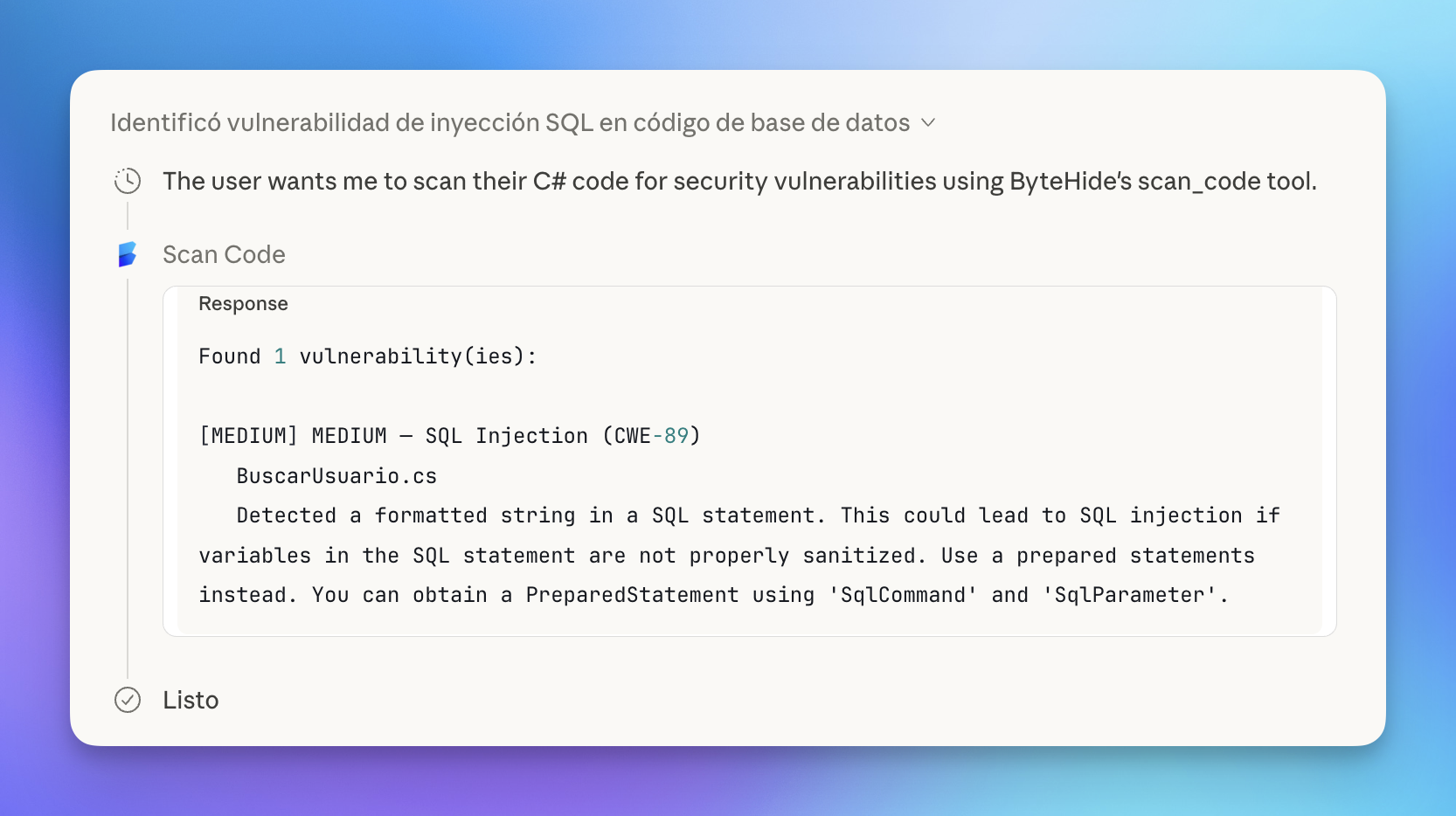 Scan Code raw response showing 1 vulnerability found: MEDIUM — SQL Injection (CWE-89) in BuscarUsuario.cs, recommending prepared statements with SqlCommand and SqlParameter