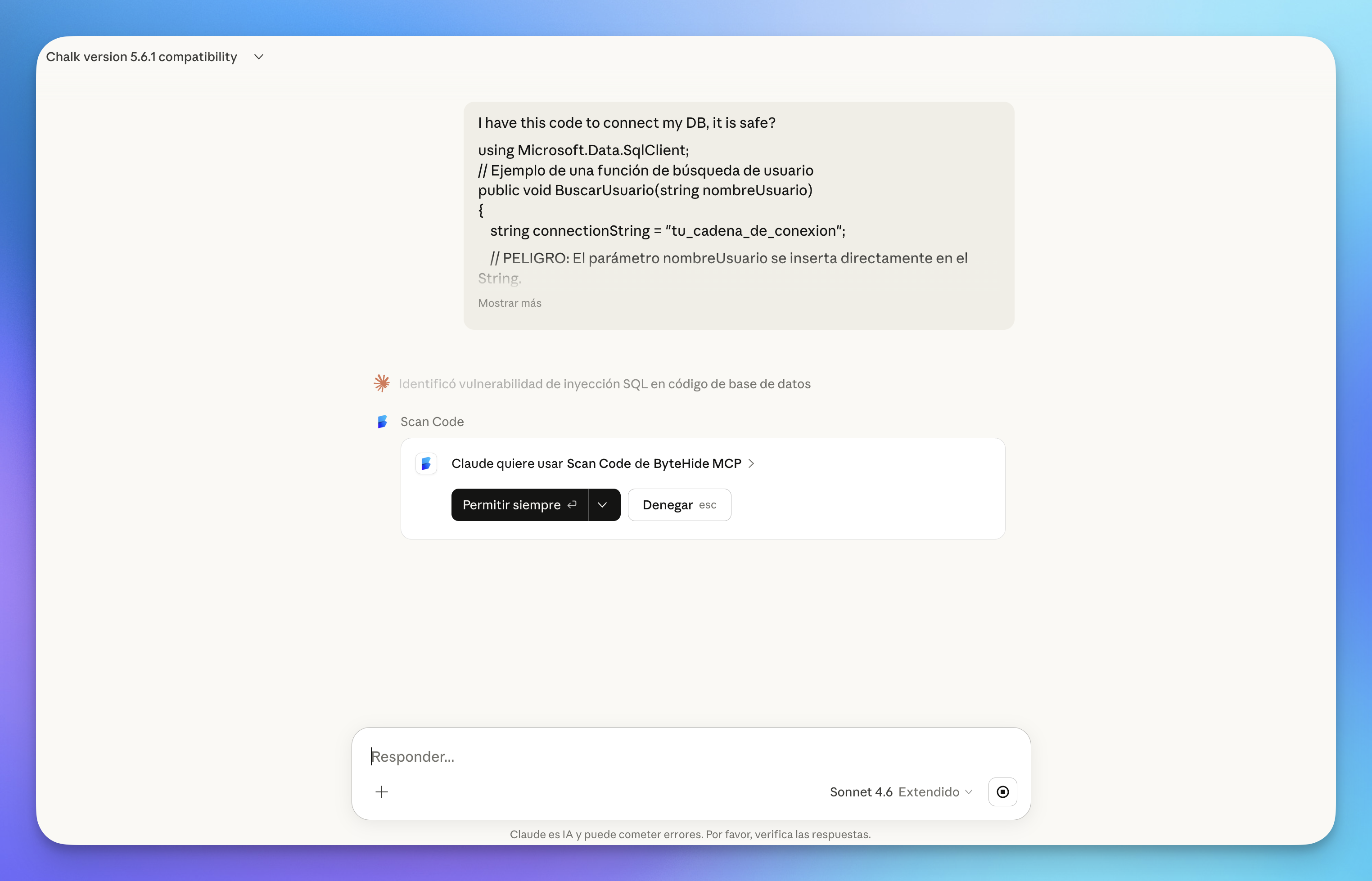 User shares C# database code with Claude asking "is it safe?" — Claude identifies a SQL injection risk and calls Scan Code from ByteHide MCP