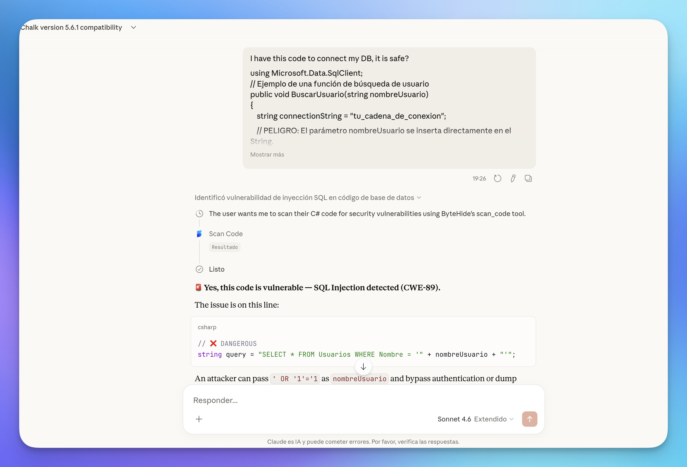 Claude detecting a SQL Injection vulnerability in C# code using ByteHide MCP's Scan Code tool — showing the vulnerable line and how an attacker could exploit it