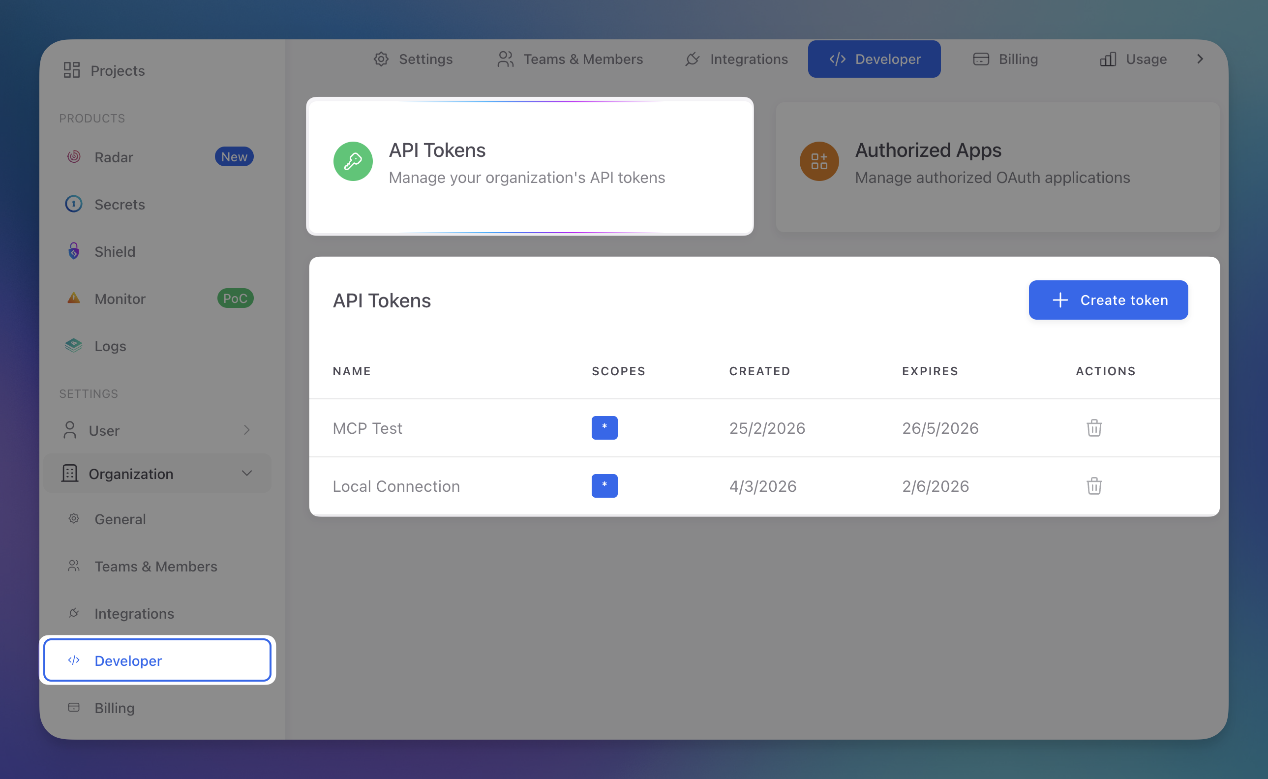 API Tokens list showing multiple tokens with their scopes and expiration dates