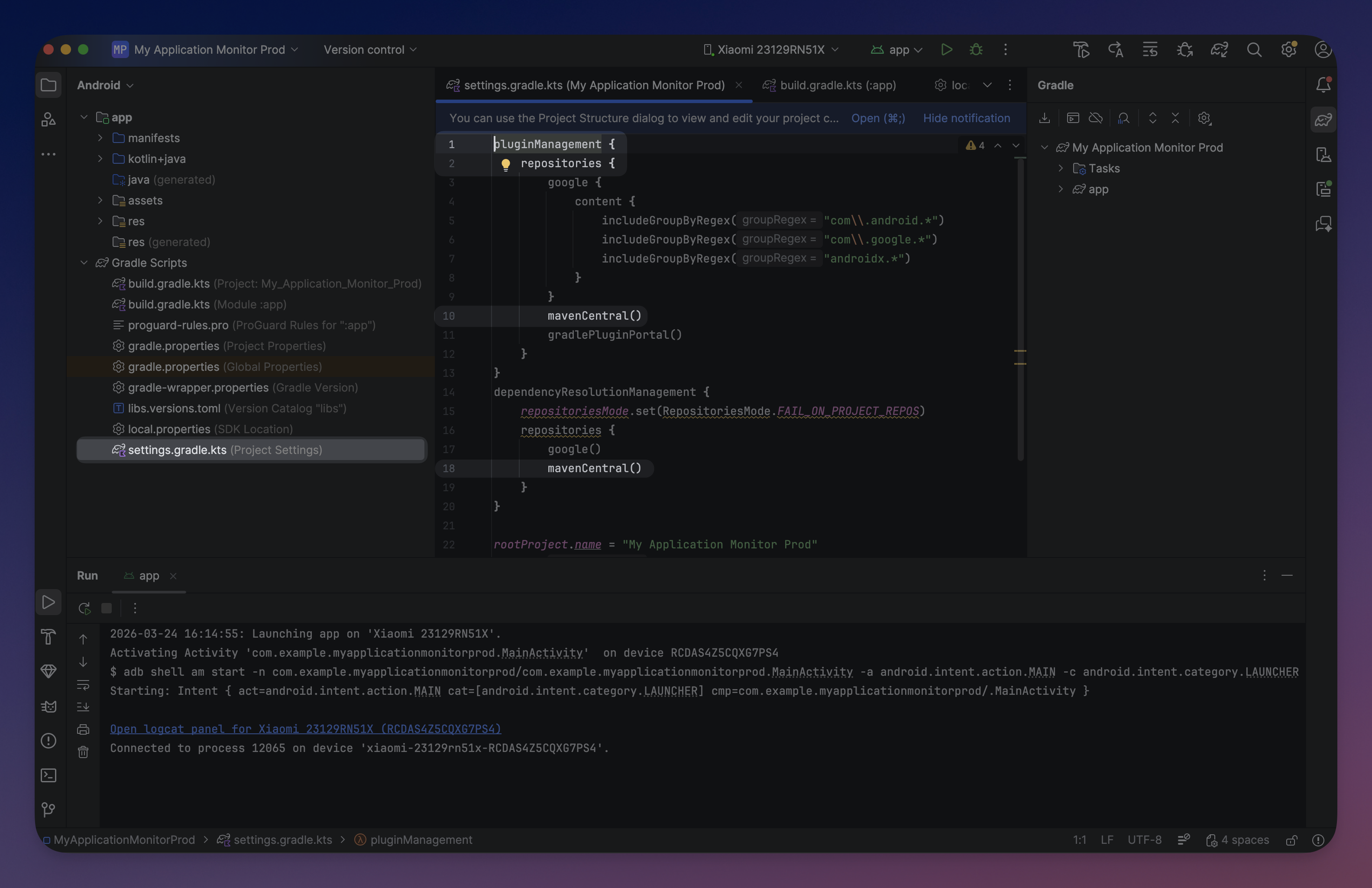 Repository configuration in settings.gradle.kts