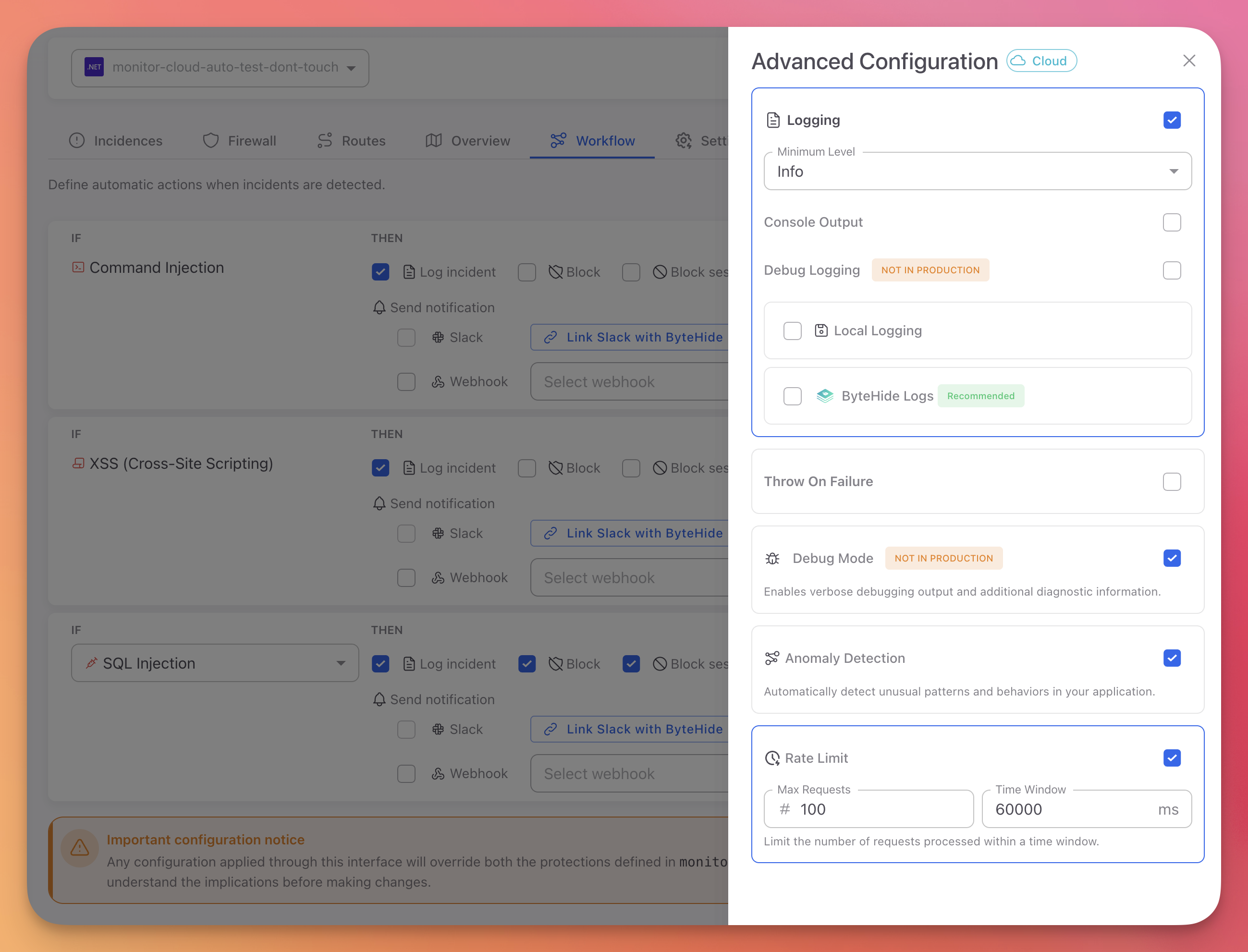 ByteHide Monitor advanced configuration panel with logging levels, anomaly detection, rate limiting, and debug mode settings