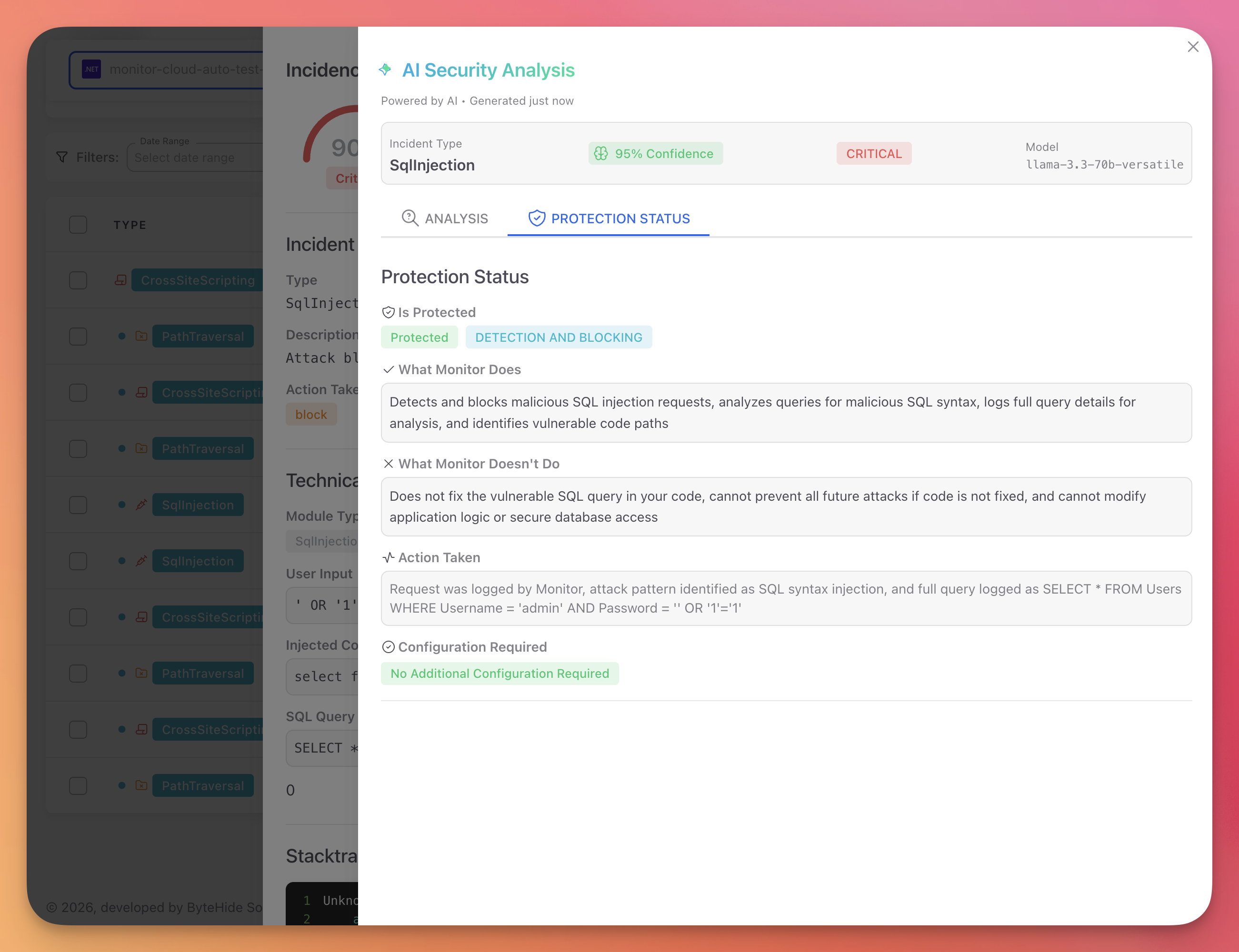 ByteHide Monitor AI Protection Status tab showing current protection level, Monitor capabilities, limitations, and action taken