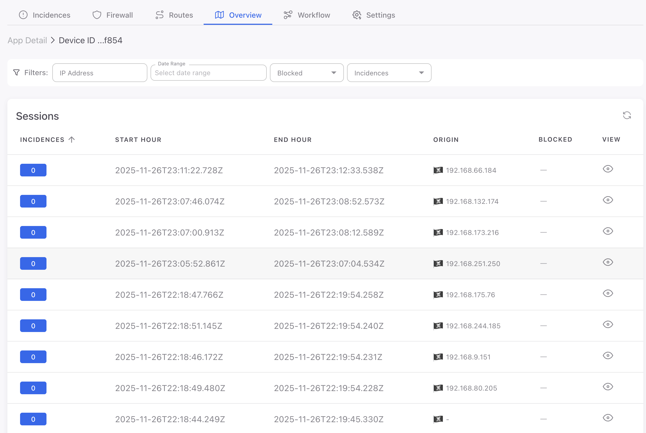 ByteHide Monitor Device Detail page showing session info, device info, app info, security status checks, and last incidences