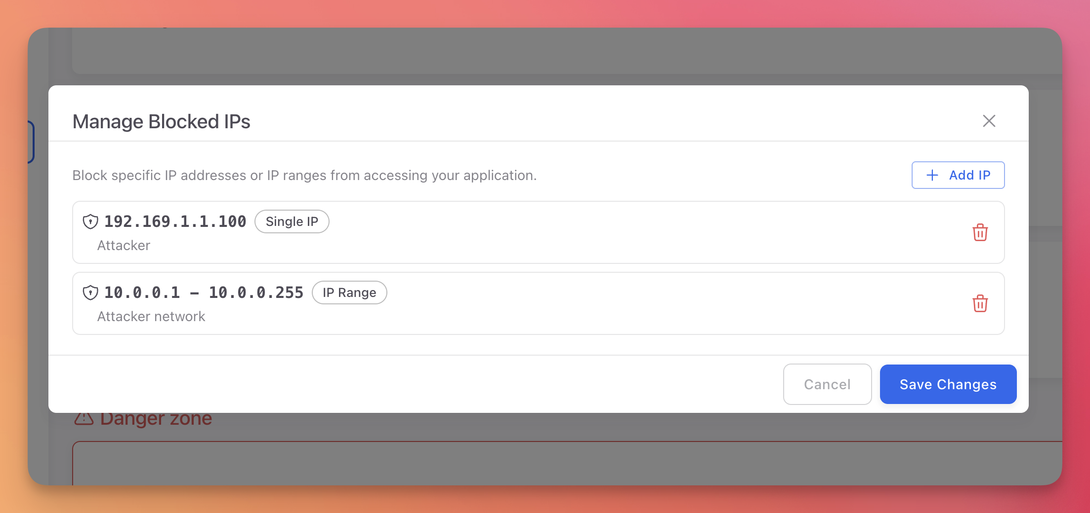 ByteHide Monitor custom IP blocklist showing input field for adding IPs and CIDR ranges