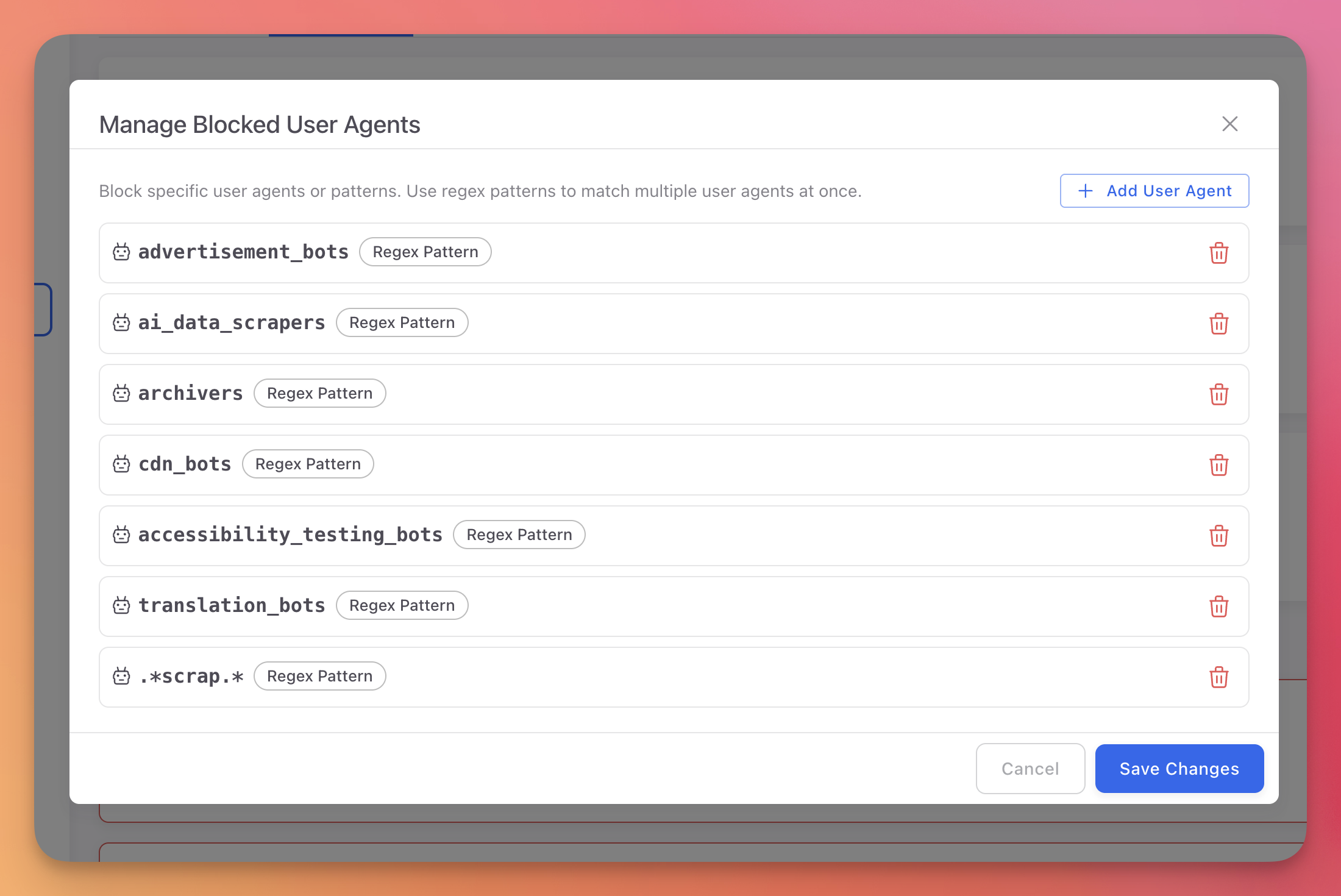 ByteHide Monitor custom user agent blocklist showing regex pattern input and blocked user agents list