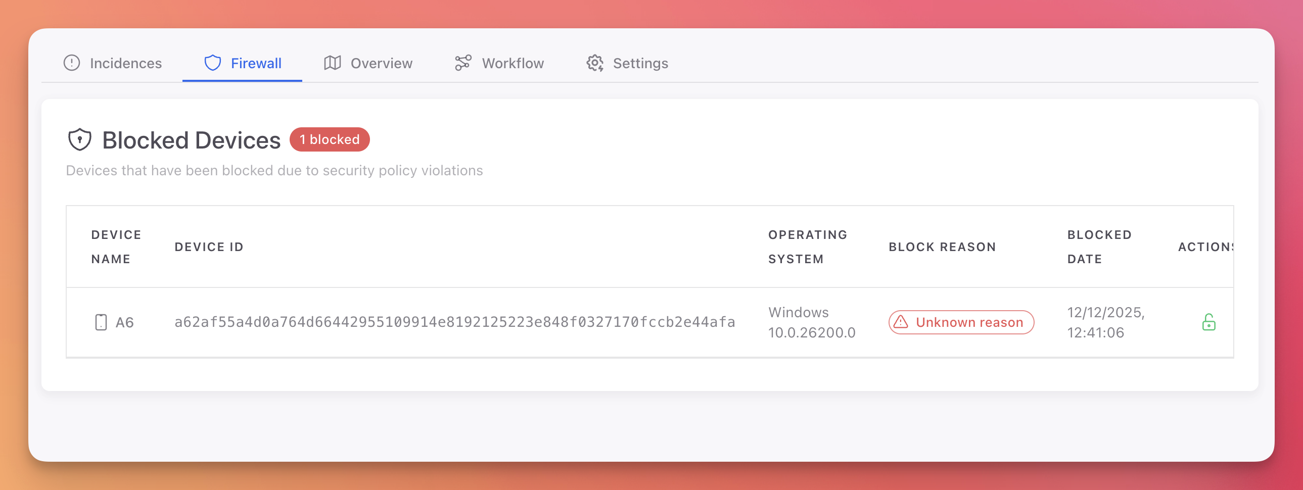 ByteHide Monitor On-Premise Firewall showing Blocked Devices table with device name, ID, operating system, block reason, and date
