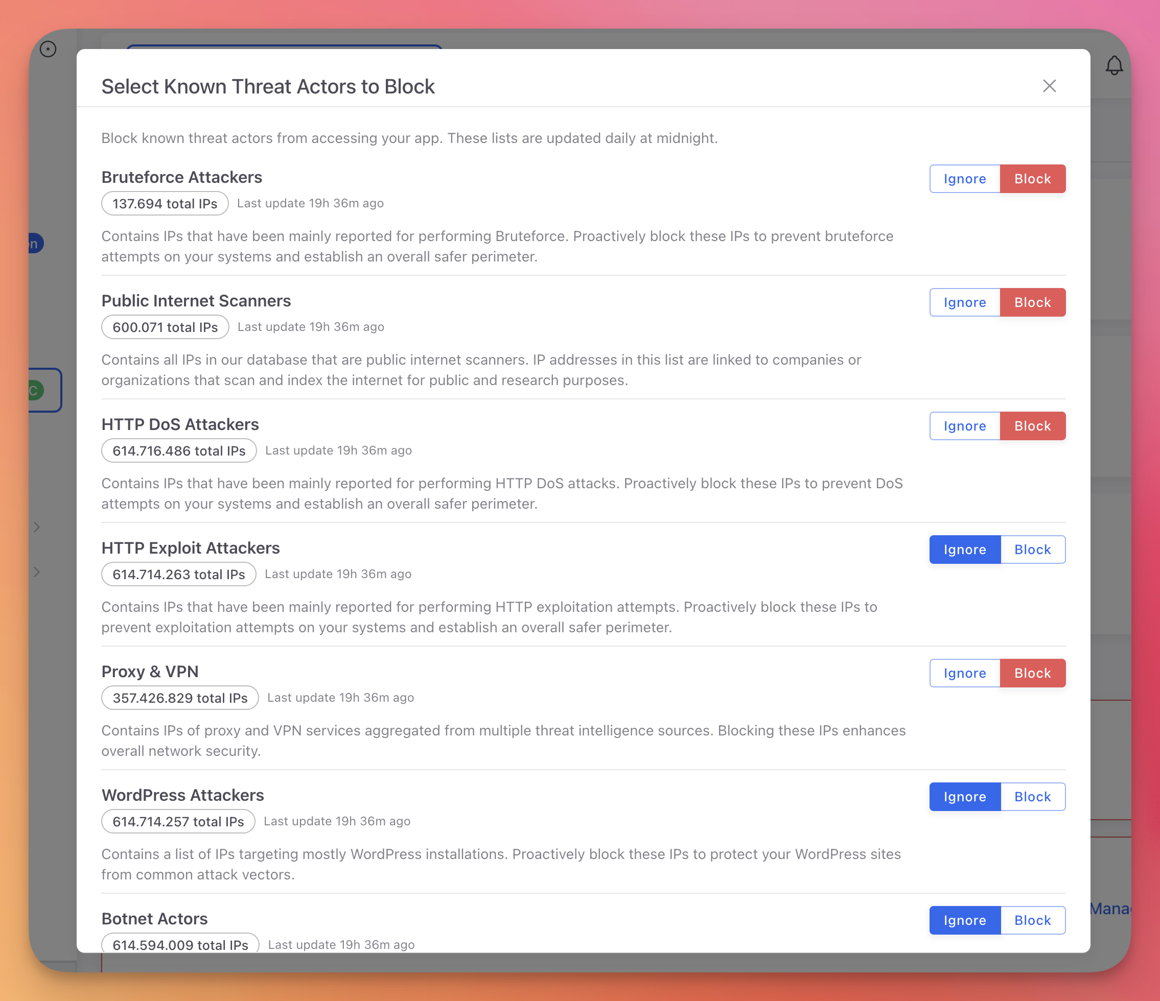 ByteHide Monitor threat actor feeds showing seven intelligence lists with IP counts and Block or Ignore options