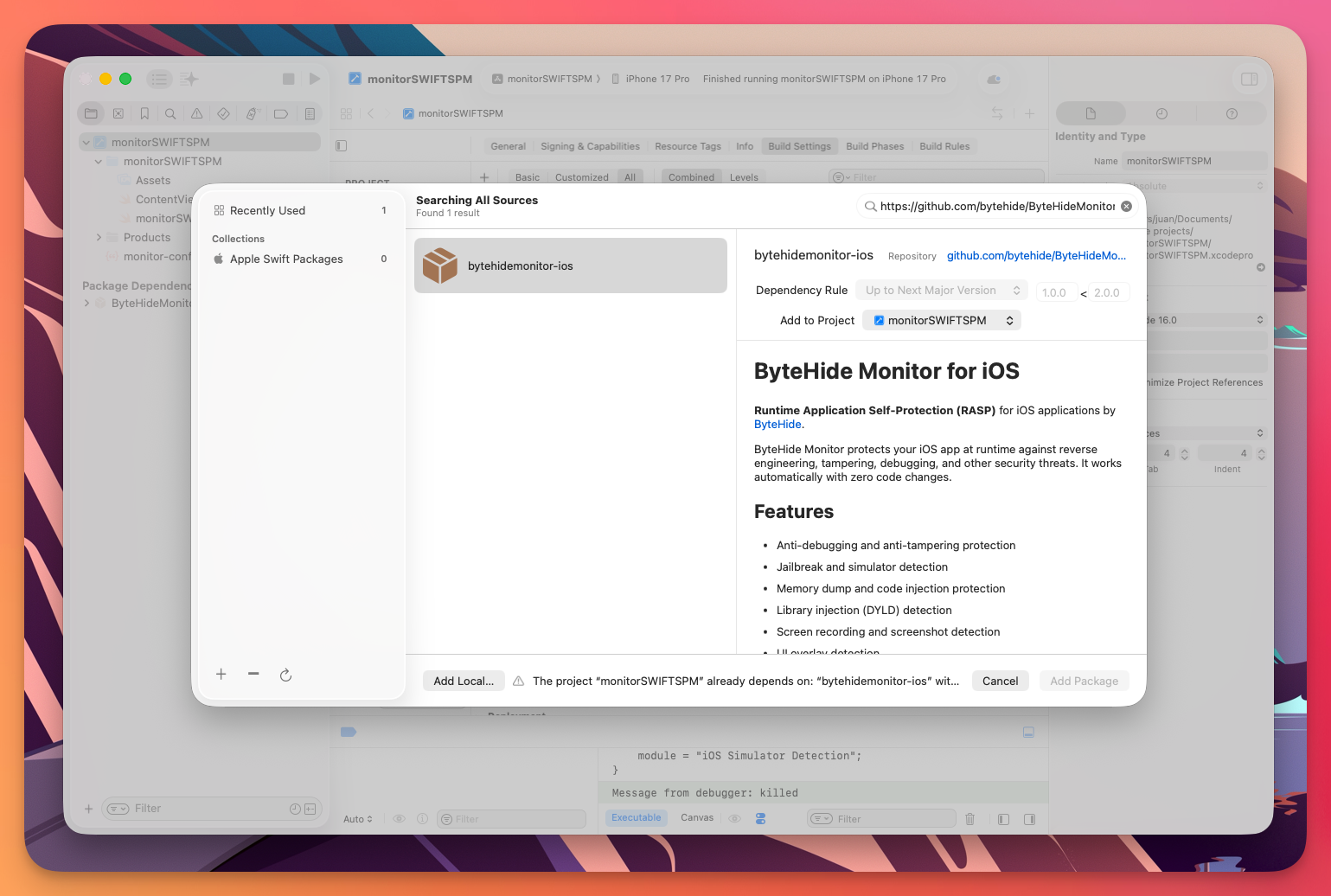 Xcode Add Package Dependencies dialog showing ByteHideMonitor-iOS repository