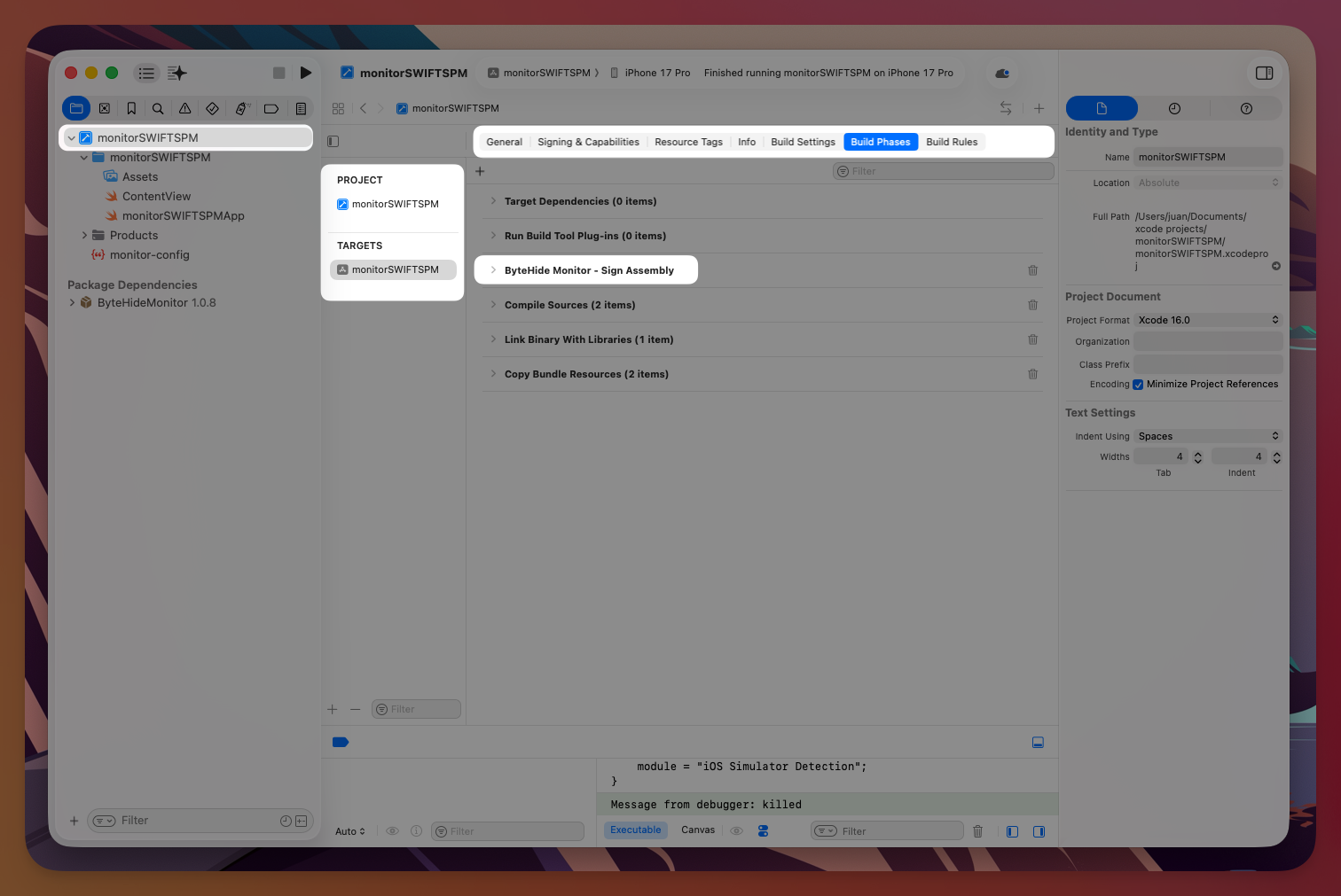Xcode Build Phases showing ByteHide Monitor - Sign Assembly build phase before Compile Sources