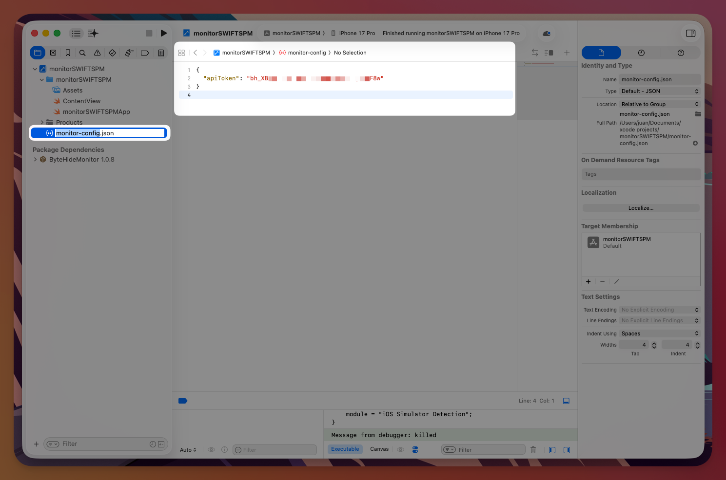 Xcode project navigator showing monitor-config.json with apiToken and Target Membership