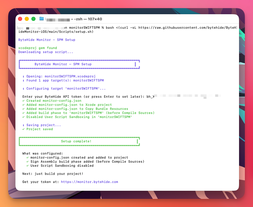 Terminal showing the SPM setup script completing successfully with all configuration steps