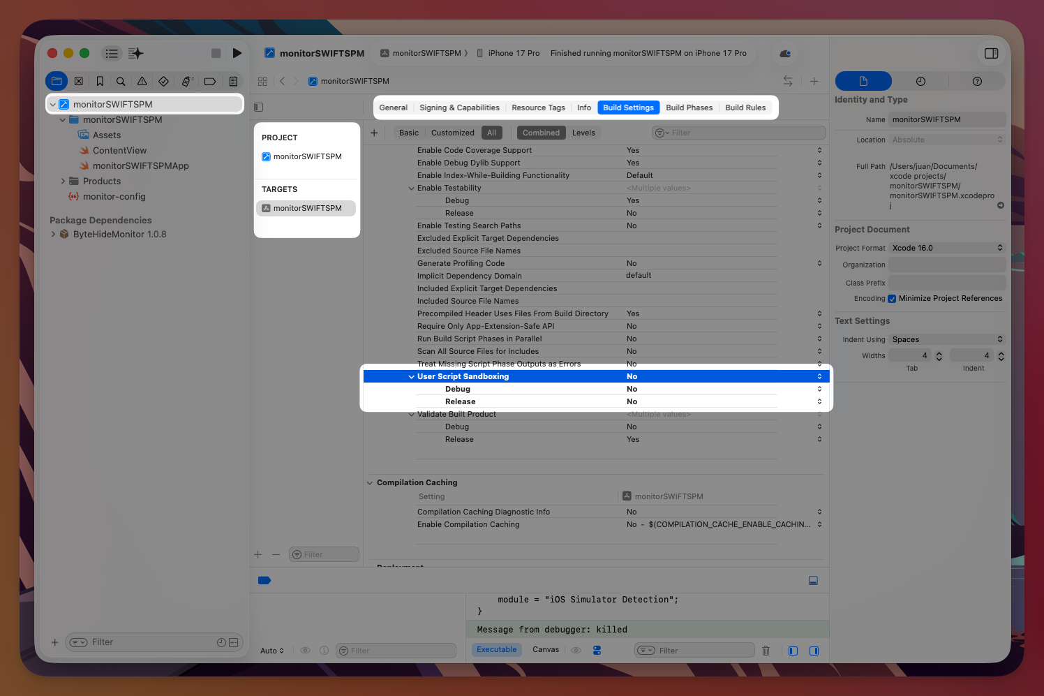 Xcode Build Settings showing User Script Sandboxing set to No