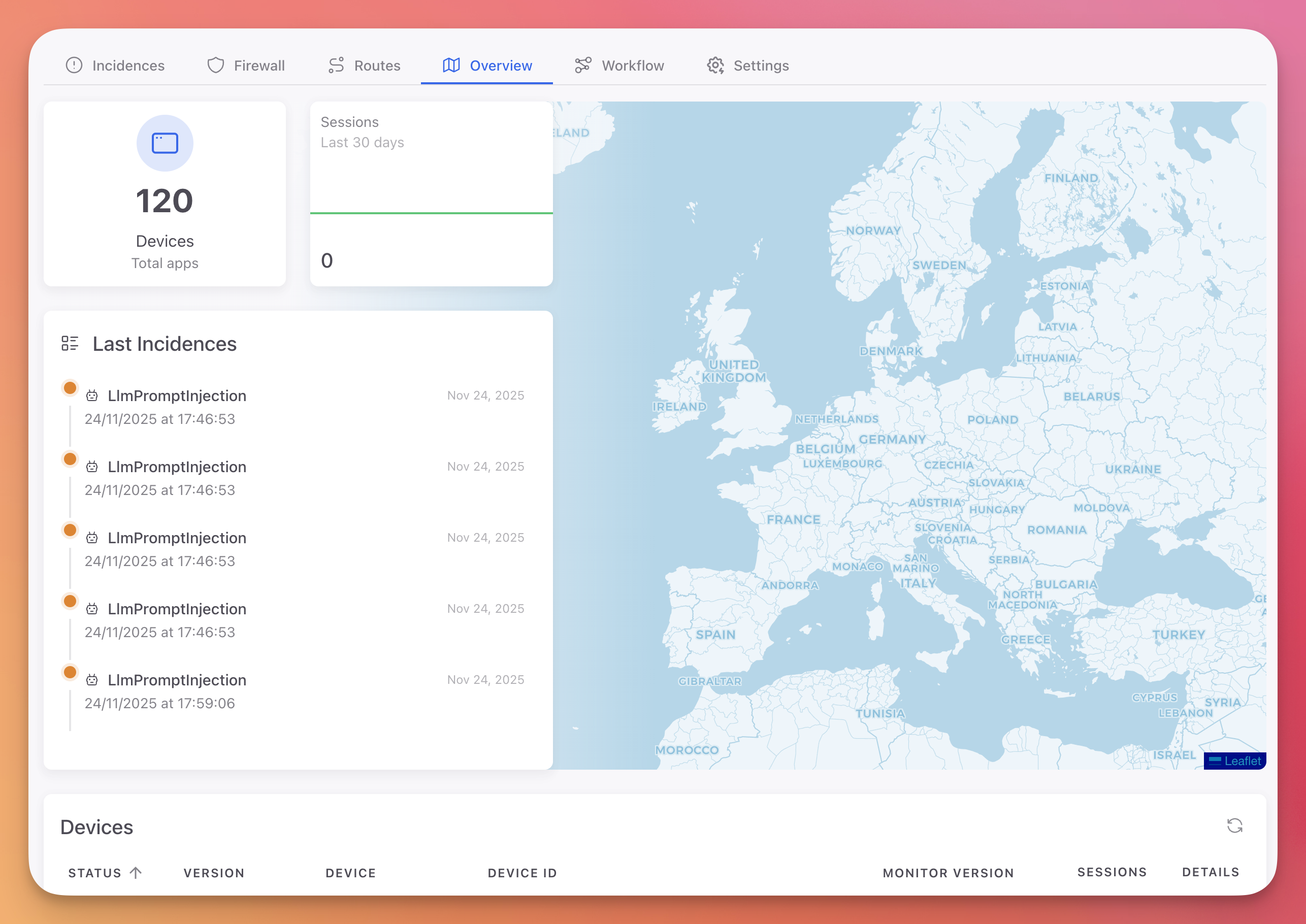 ByteHide Monitor Overview tab showing device count, sessions graph, geographic map, and last incidences