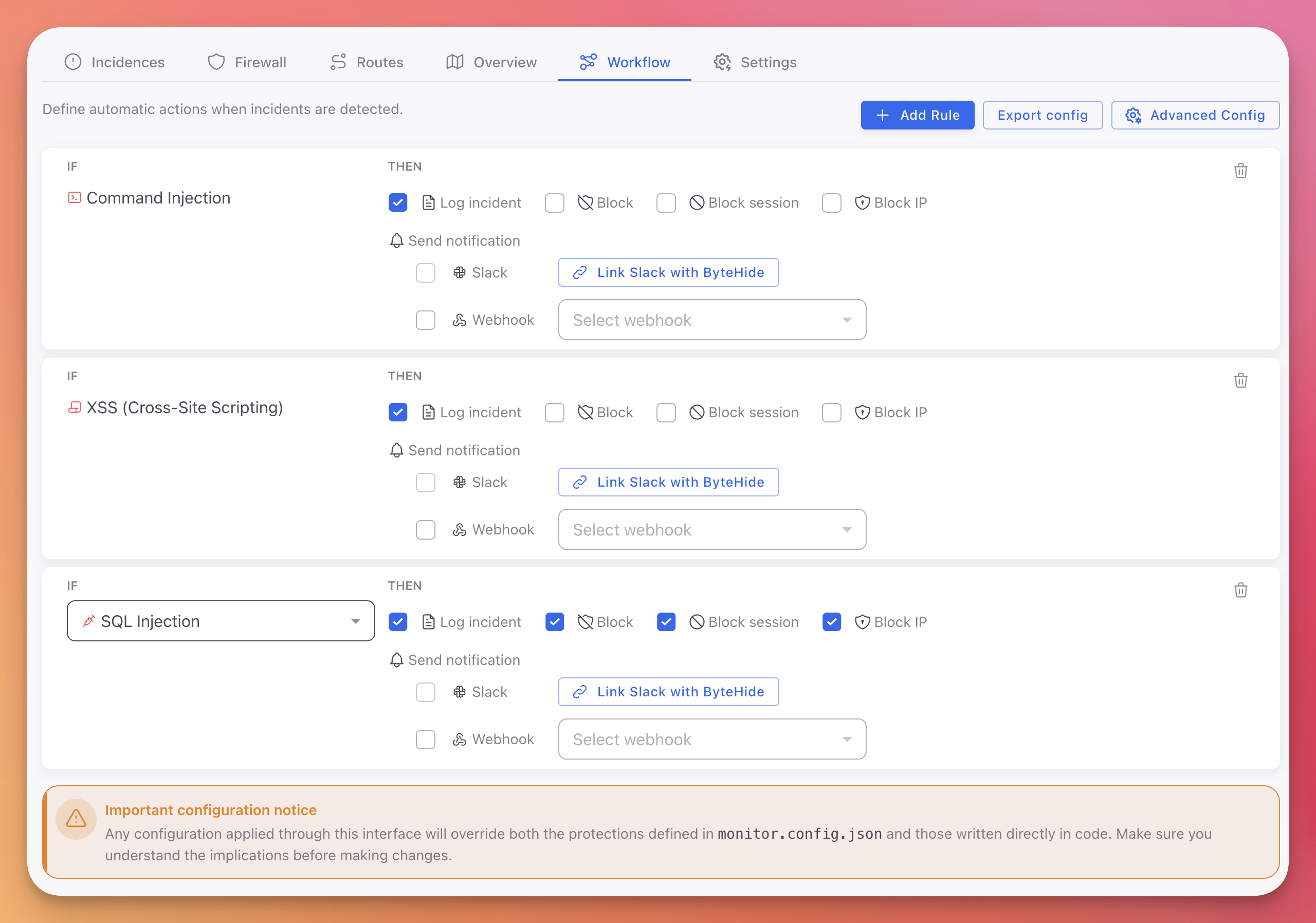 ByteHide Monitor workflow rules showing IF/THEN configuration for Command Injection and SQL Injection with Log, Block, Block session, and Block IP actions