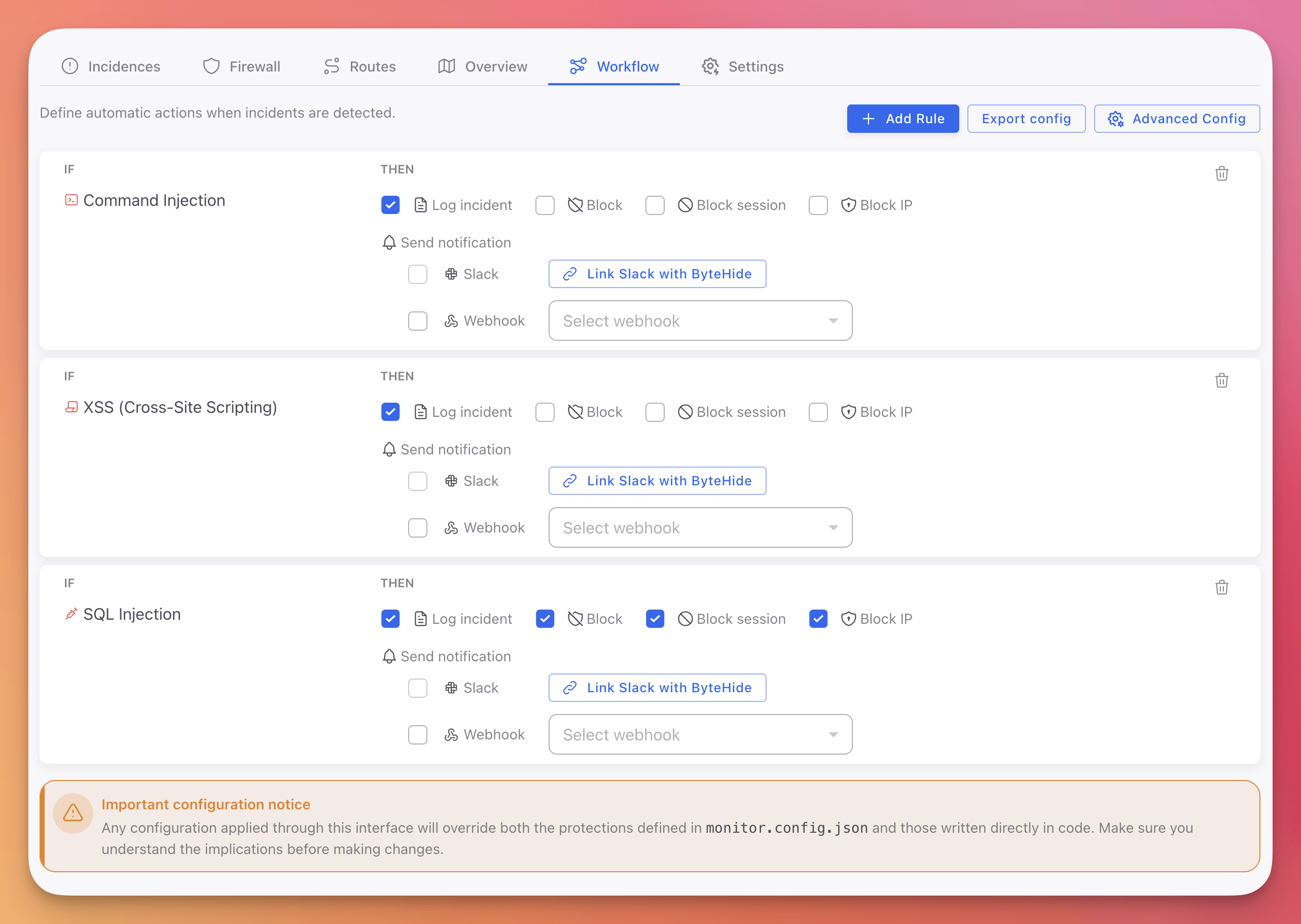 ByteHide Monitor Workflow rules for cloud projects showing IF/THEN configuration with Log, Block, Block session, and Block IP actions