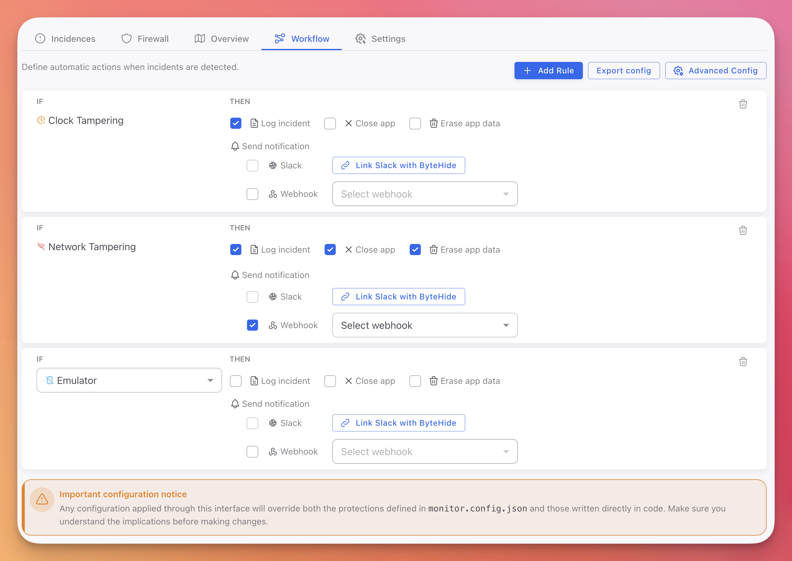 ByteHide Monitor Workflow rules for on-premise projects showing IF/THEN configuration with Log, Close, and Erase actions
