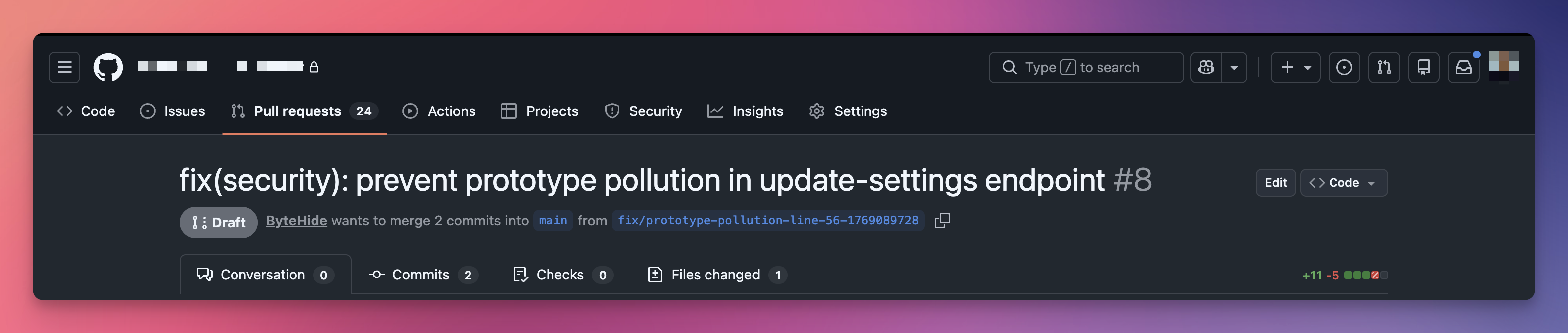 GitHub Draft PR created by ByteHide Autofix showing fix(security): prevent prototype pollution in update-settings endpoint, marked as Draft with 2 commits and 1 file changed