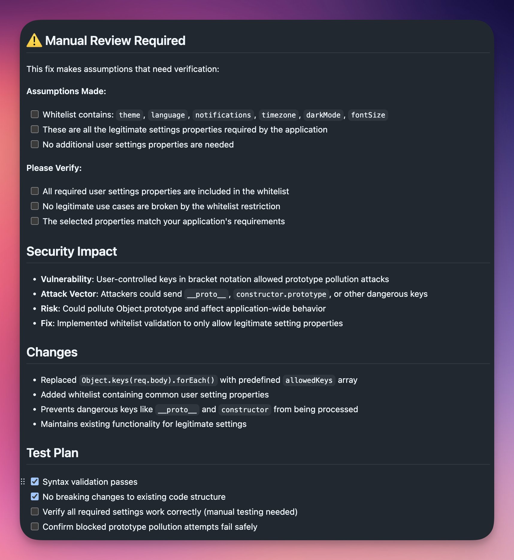 Draft PR body showing Manual Review Required section with Assumptions Made checklist including allowlist properties, Please Verify section with items to confirm, Security Impact with vulnerability and attack vector details, Changes section with code modifications, and Test Plan with automated checks marked and manual checks unmarked