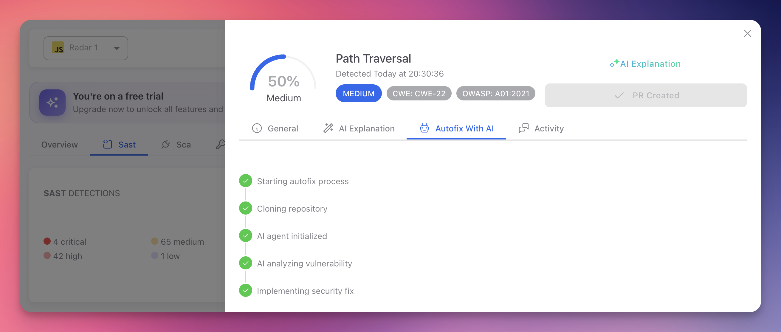 ByteHide Radar AutoFix process showing the step-by-step pipeline for a SAST finding: Starting autofix process, Cloning repository, AI agent initialized, AI analyzing vulnerability, Implementing security fix, with PR Created confirmation