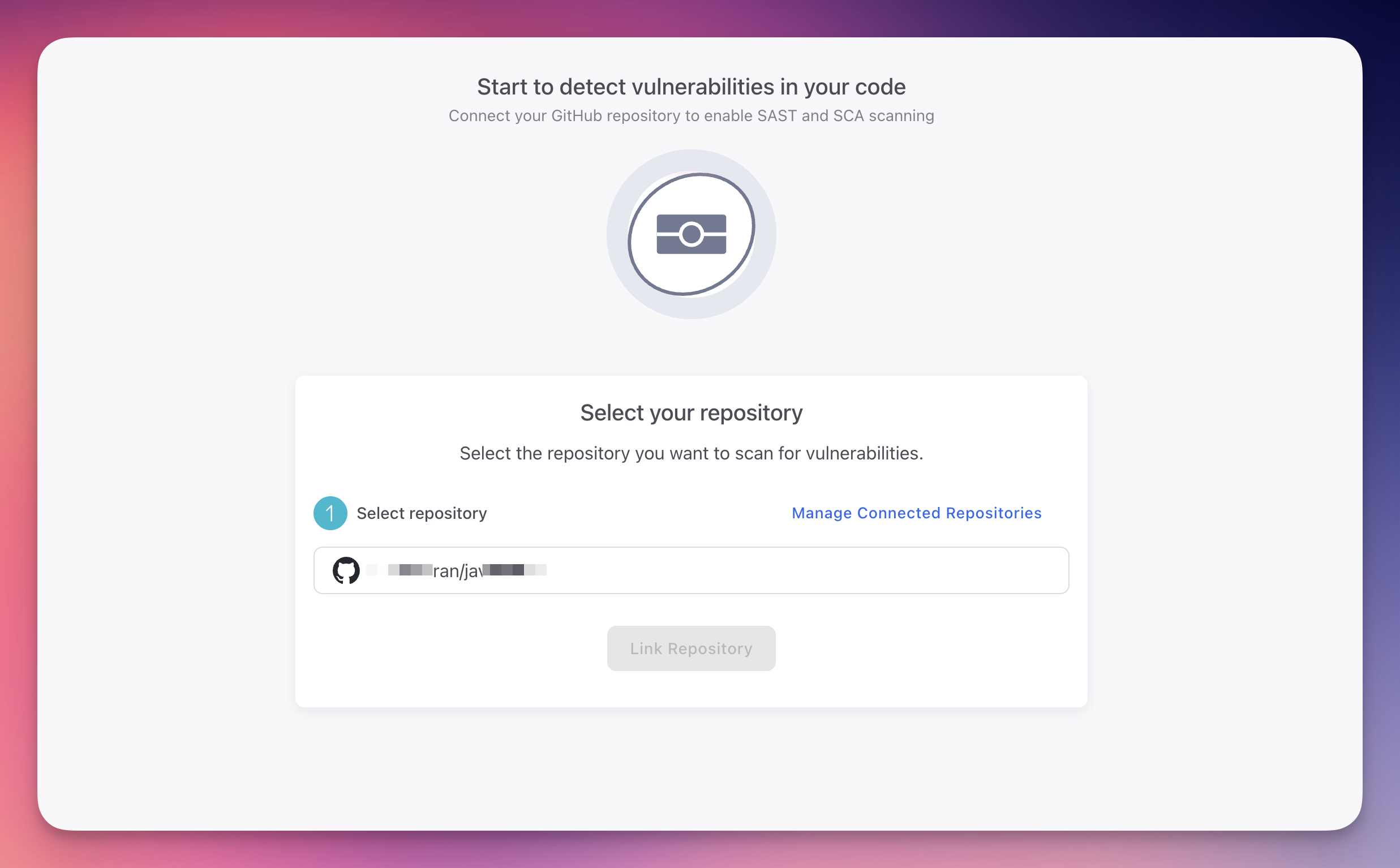 ByteHide Radar project showing the Start to detect vulnerabilities screen with repository selector dropdown and Link Repository button