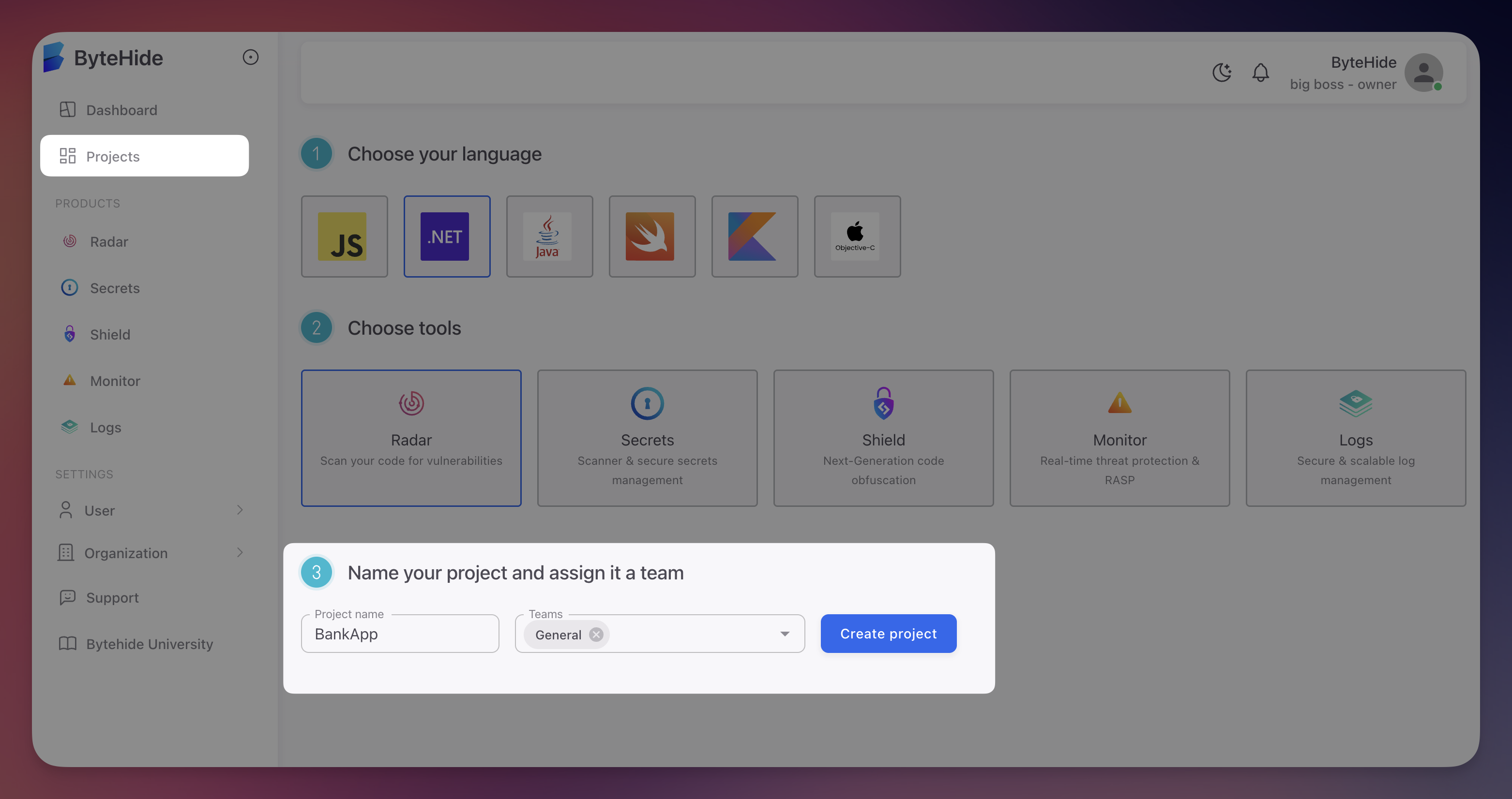 Create project step 3 showing project name input field, team assignment dropdown, and Create project button