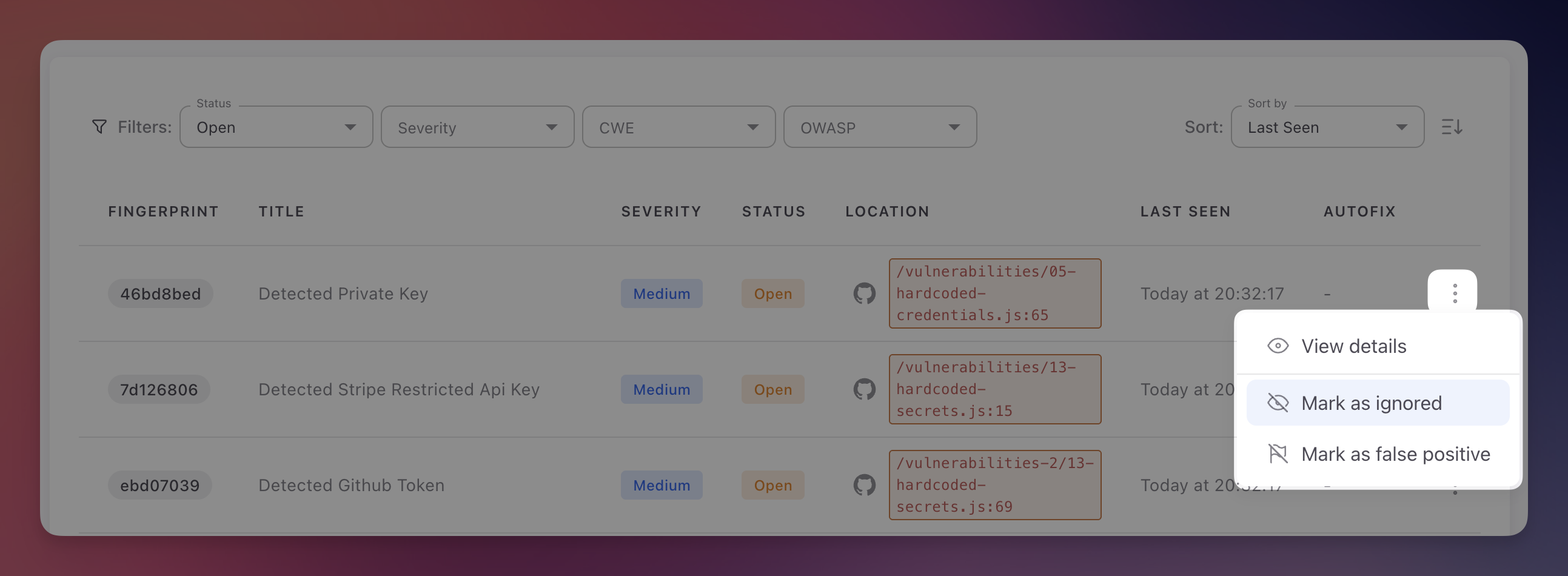 ByteHide Radar three-dot actions menu on a finding showing View details, Mark as ignored, and Mark as false positive options