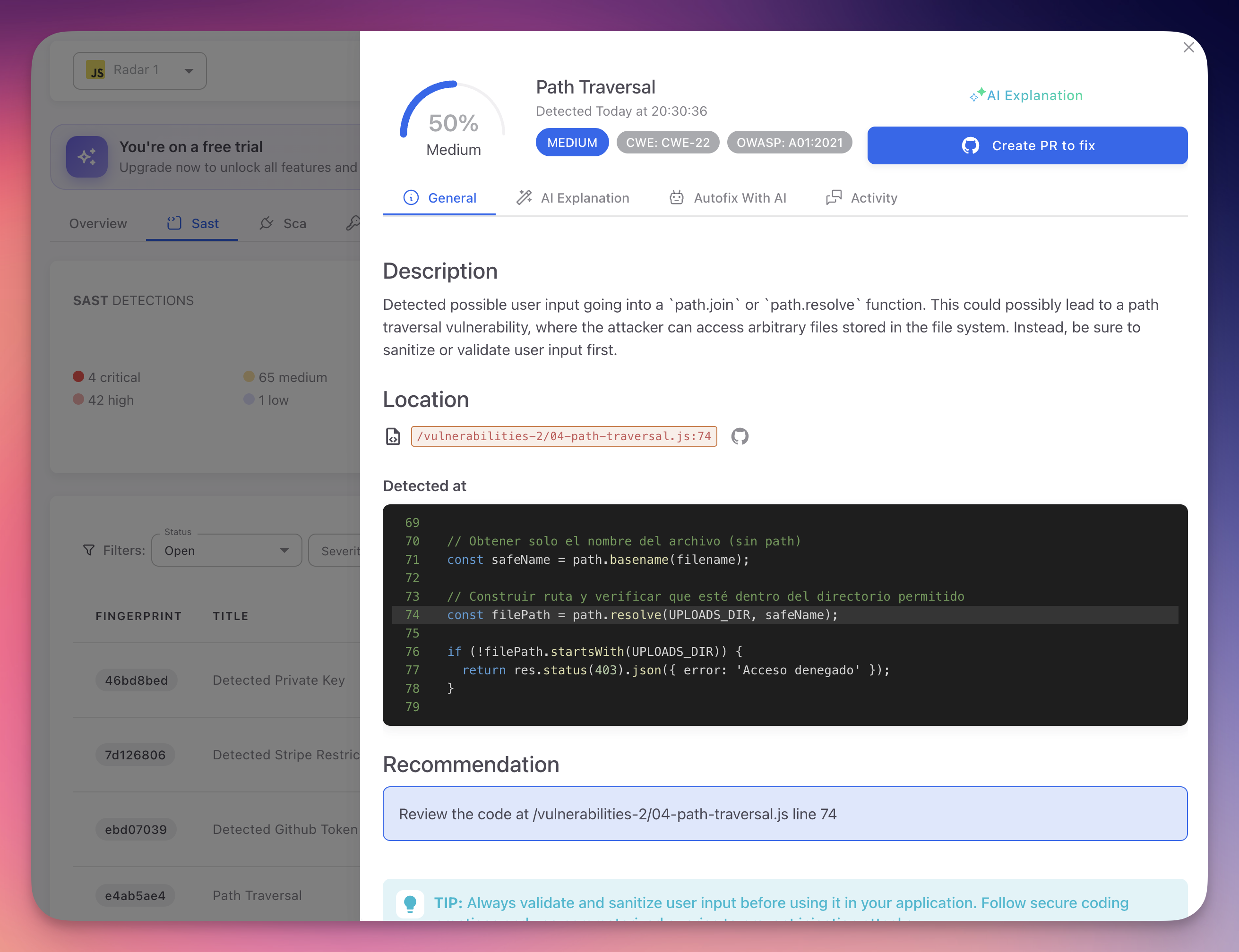 ByteHide Radar SAST finding detail showing Path Traversal vulnerability with 50% Medium confidence score, CWE-22 and OWASP A01:2021 badges, code snippet with highlighted line, description, location, recommendation, and Create PR to fix button