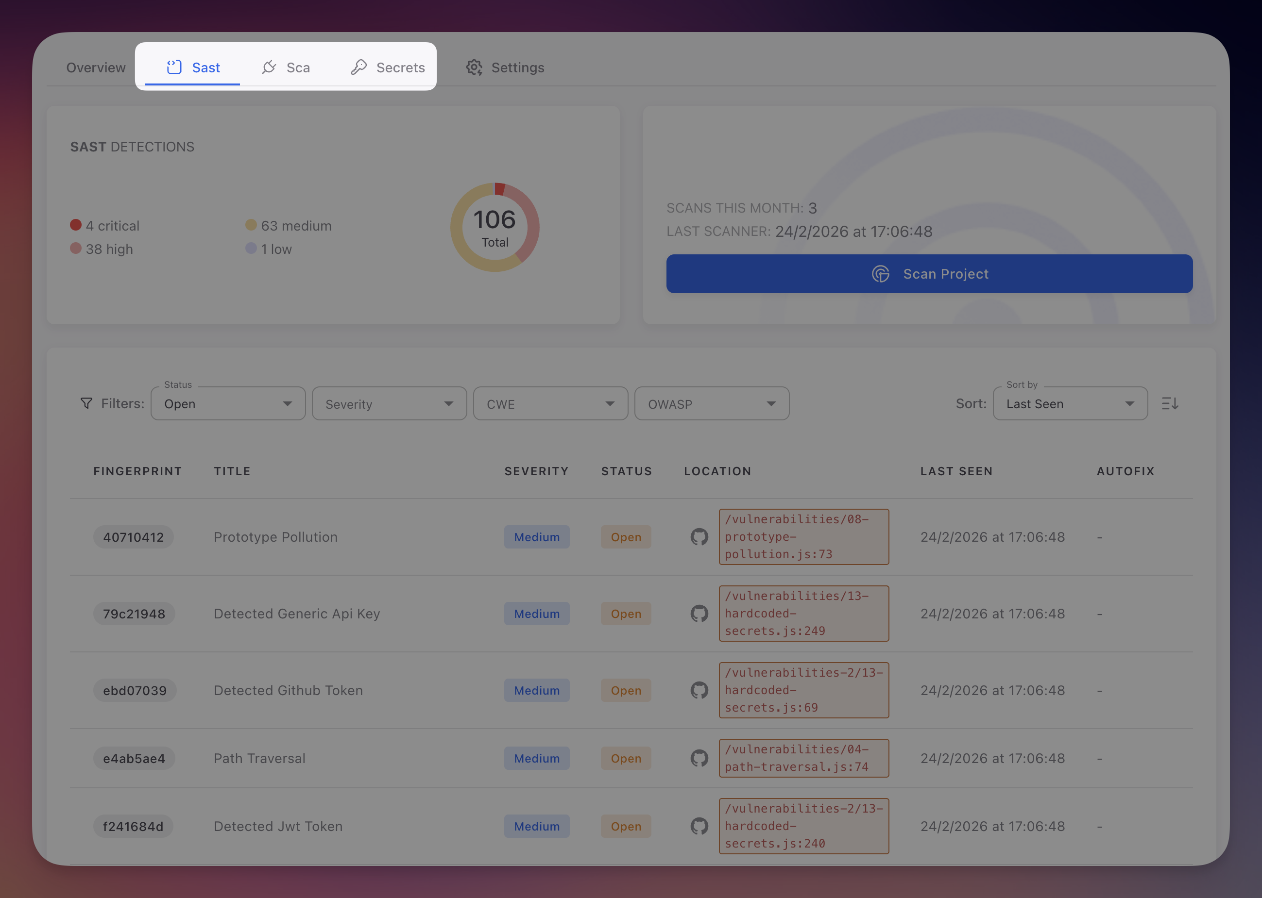 ByteHide Radar SAST tab showing detection summary with severity breakdown, scan info, and findings table with fingerprint, title, severity, status, location, and AutoFix columns