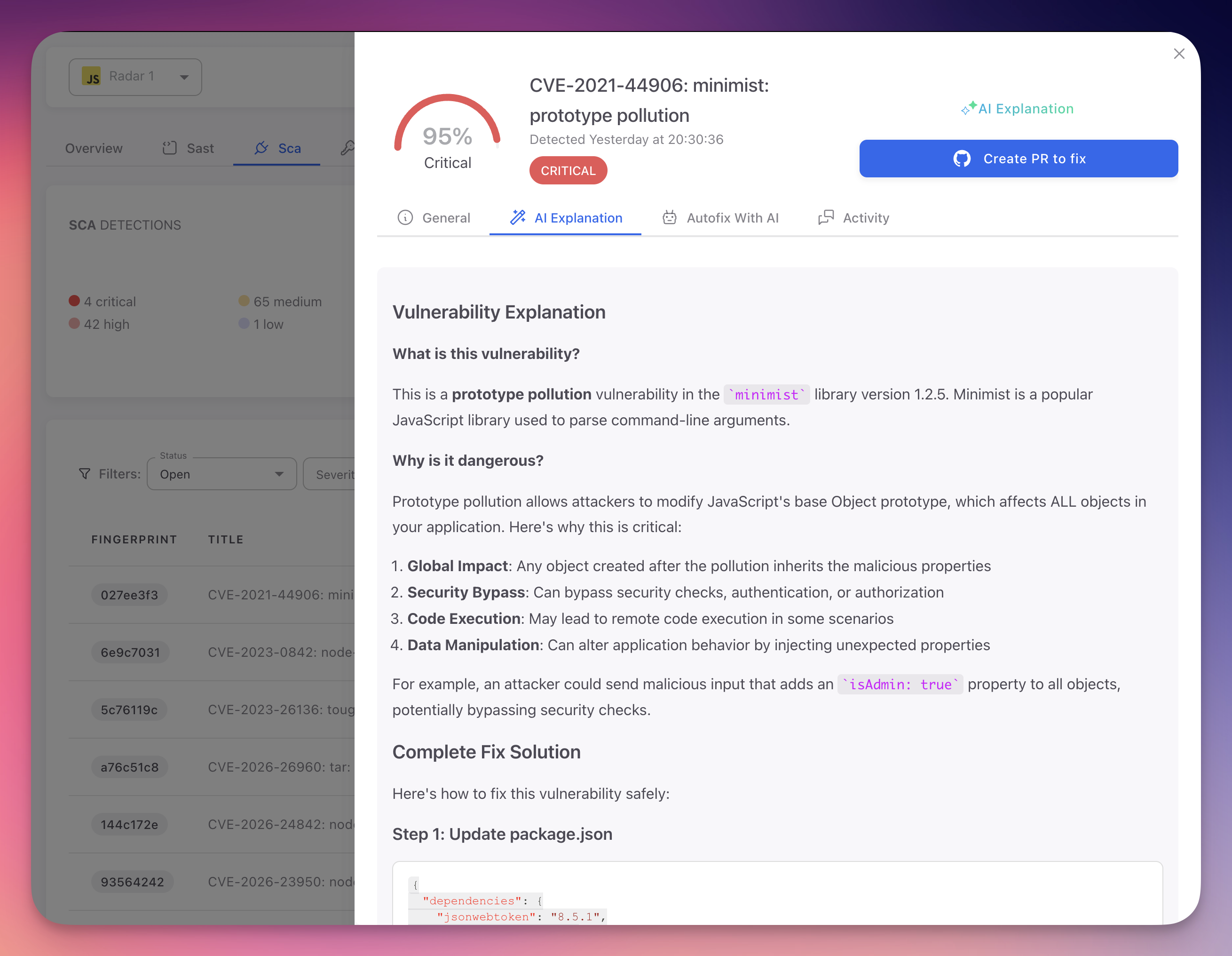 ByteHide Radar SCA finding AI Explanation tab showing detailed vulnerability analysis with attack scenario, impact assessment, and remediation guidance for CVE-2021-44906