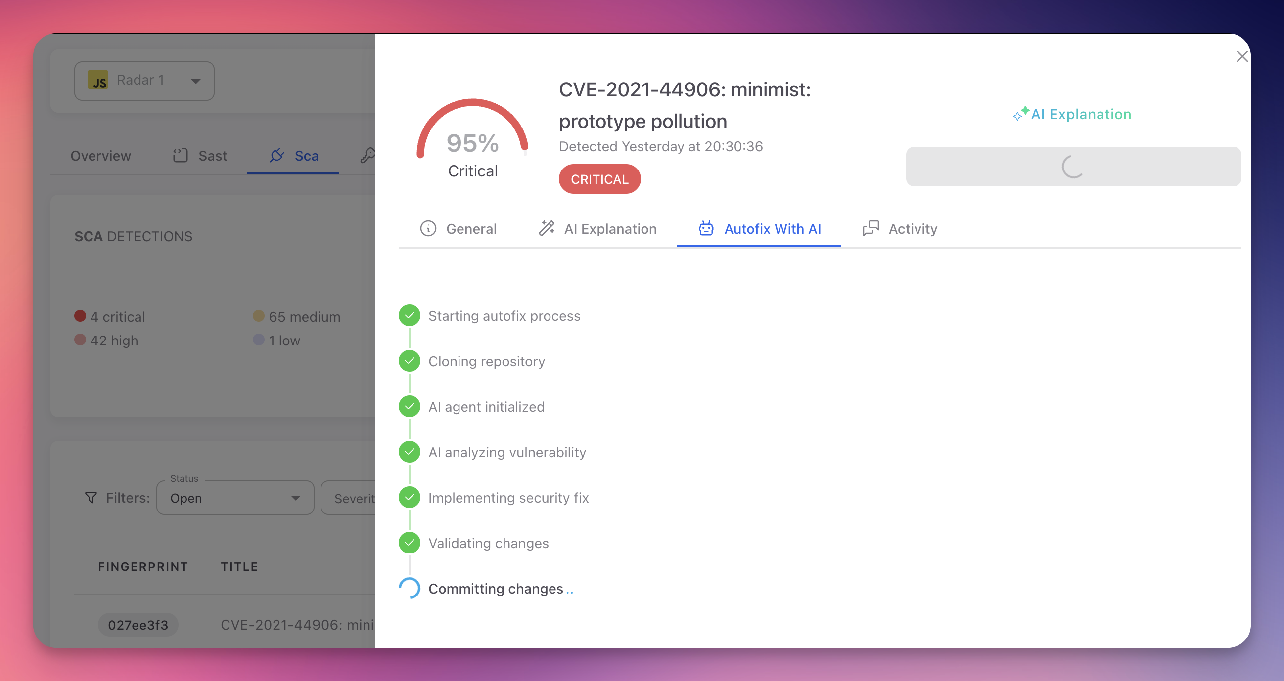 ByteHide Radar SCA AutoFix process showing completed steps for CVE-2021-44906 minimist vulnerability: Starting autofix process, Cloning repository, AI agent initialized, AI analyzing vulnerability, Implementing security fix, Validating changes, and Committing changes in progress