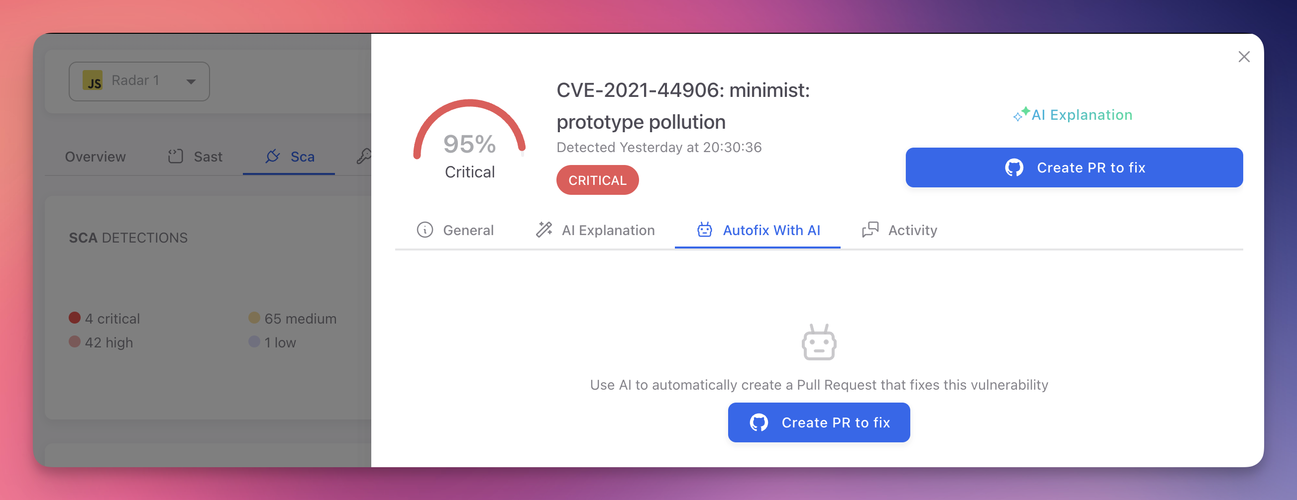 ByteHide Radar SCA finding Autofix With AI tab showing CVE-2021-44906 minimist prototype pollution with 95% Critical score and Create PR to fix button to automatically generate a pull request that upgrades the vulnerable dependency