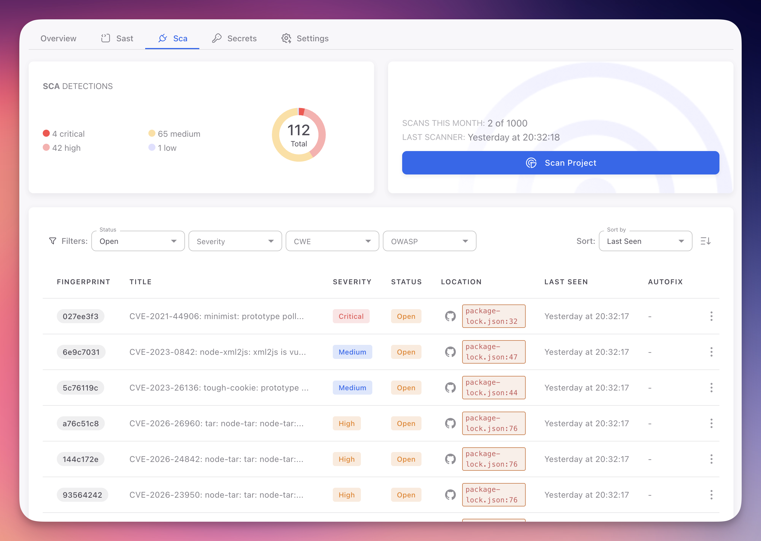 ByteHide Radar SCA tab showing 112 total detections with severity breakdown, filters for Status Severity CWE and OWASP, and findings table with CVE entries showing fingerprint, title, severity, status, location in package-lock.json, and AutoFix columns