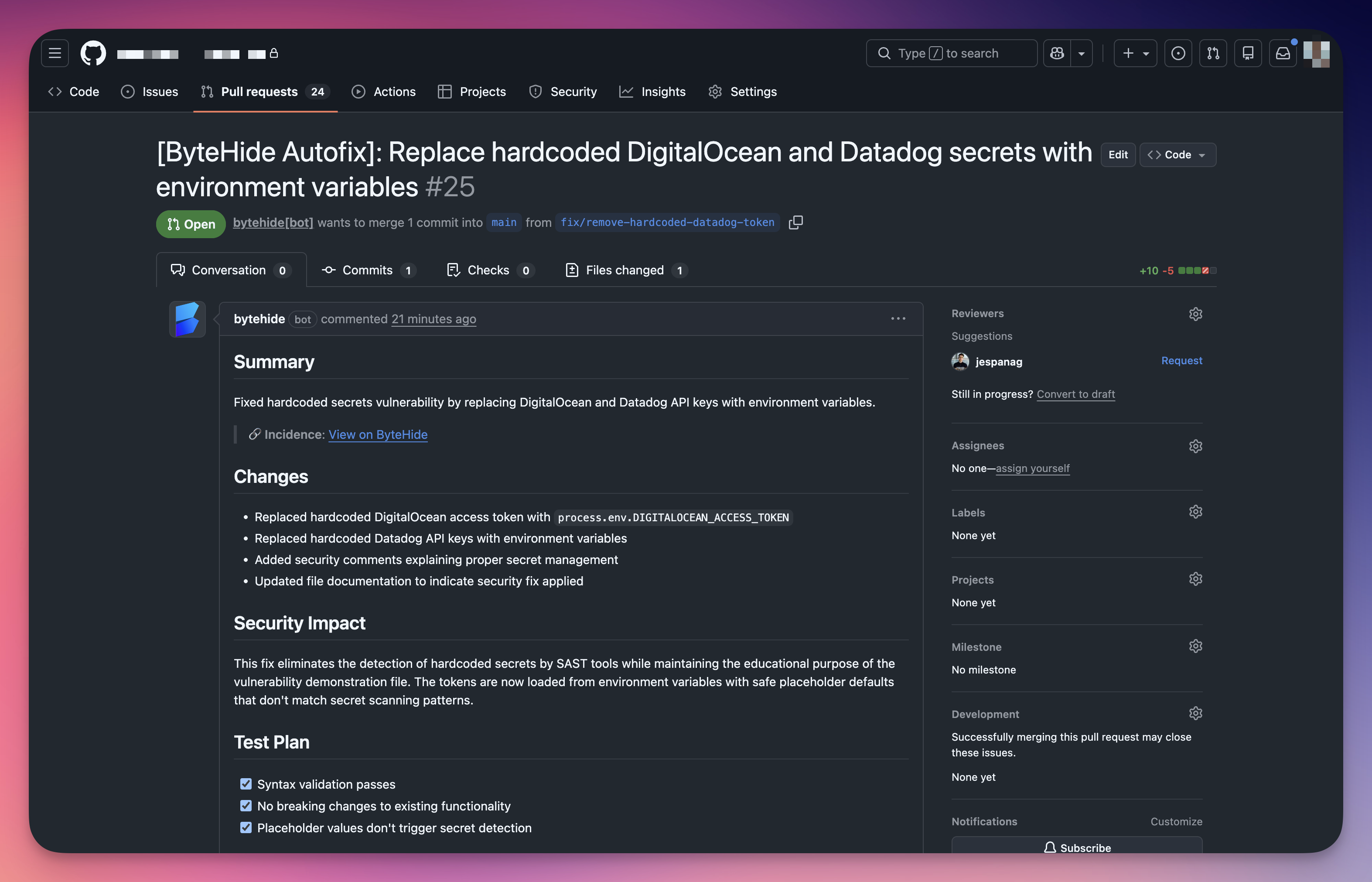 GitHub pull request created by ByteHide Autofix for secrets showing Replace hardcoded DigitalOcean and Datadog secrets with environment variables, with Summary, Changes list, Security Impact explaining tokens are now loaded from environment variables with safe placeholder defaults, and Test Plan checklist