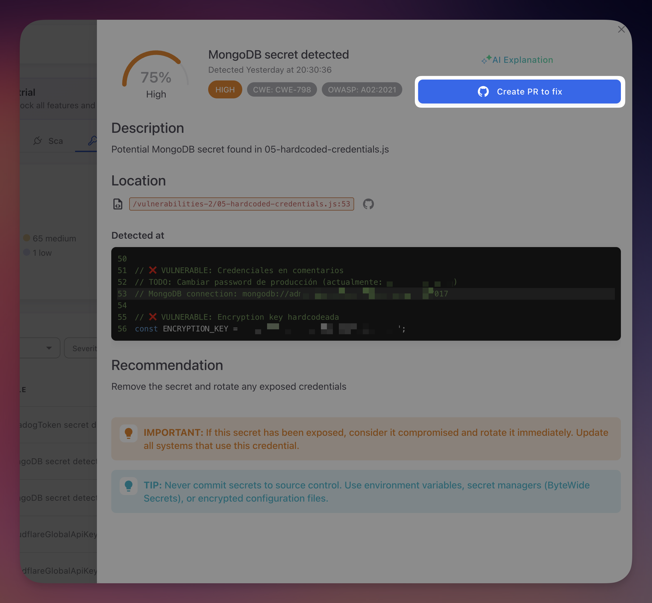 ByteHide Radar secret finding detail showing MongoDB secret detected with 75% High severity, CWE-798 and OWASP A02:2021 classifications, code snippet with partially masked MongoDB connection string, and Create PR to fix button