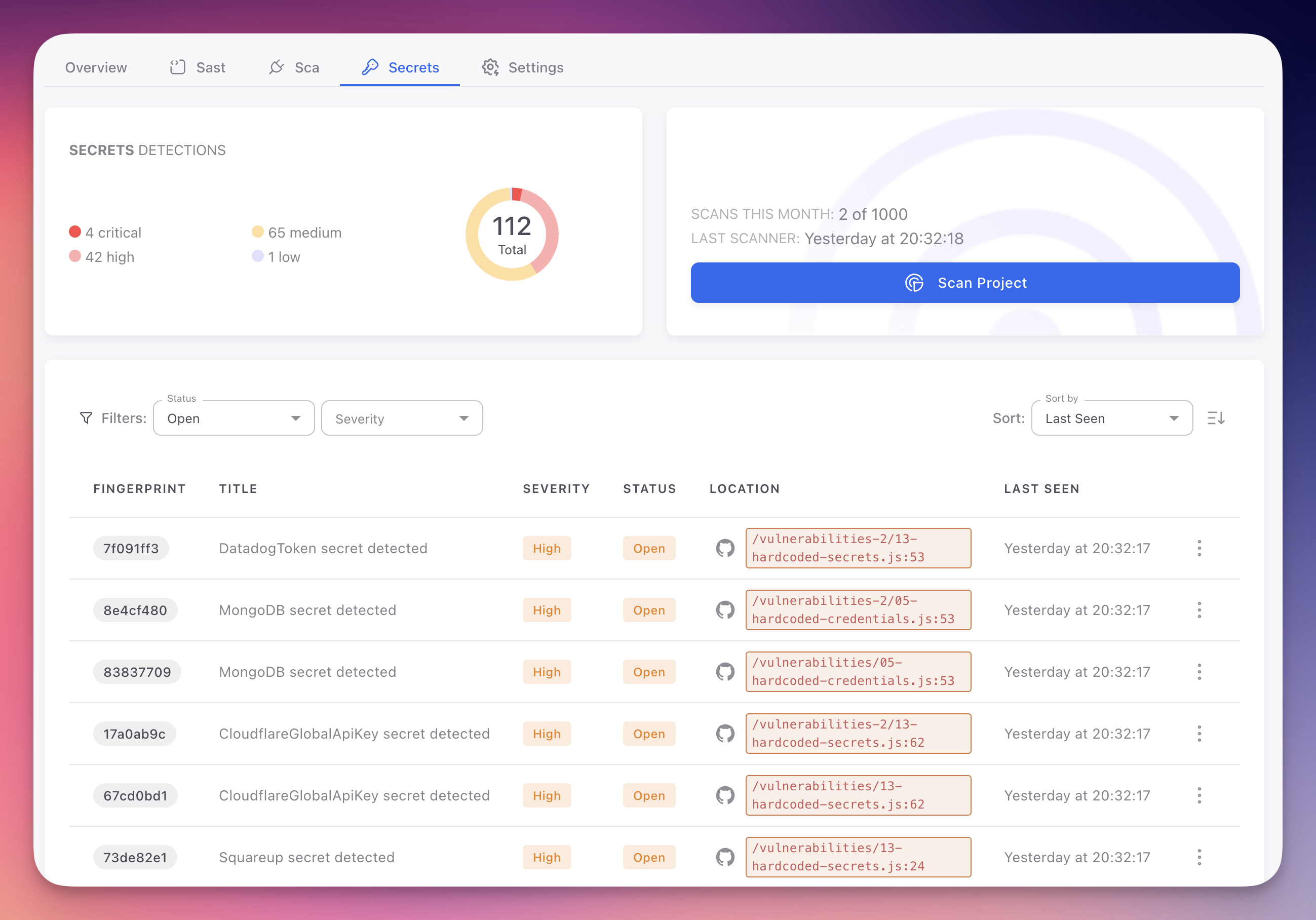 ByteHide Radar Secrets tab showing 112 total detections with severity breakdown of 4 critical, 42 high, 65 medium, and 1 low, findings table with DatadogToken, MongoDB, CloudflareGlobalApiKey, and Squareup secrets showing fingerprint, title, severity, status, location, and last seen columns