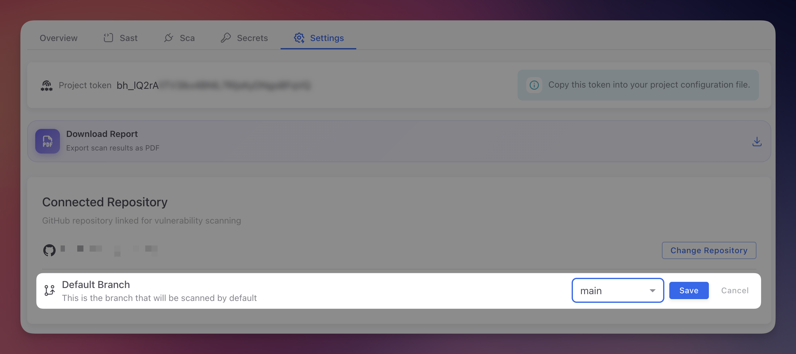 ByteHide Radar Settings showing Default Branch section with dropdown selector set to main, Save and Cancel buttons