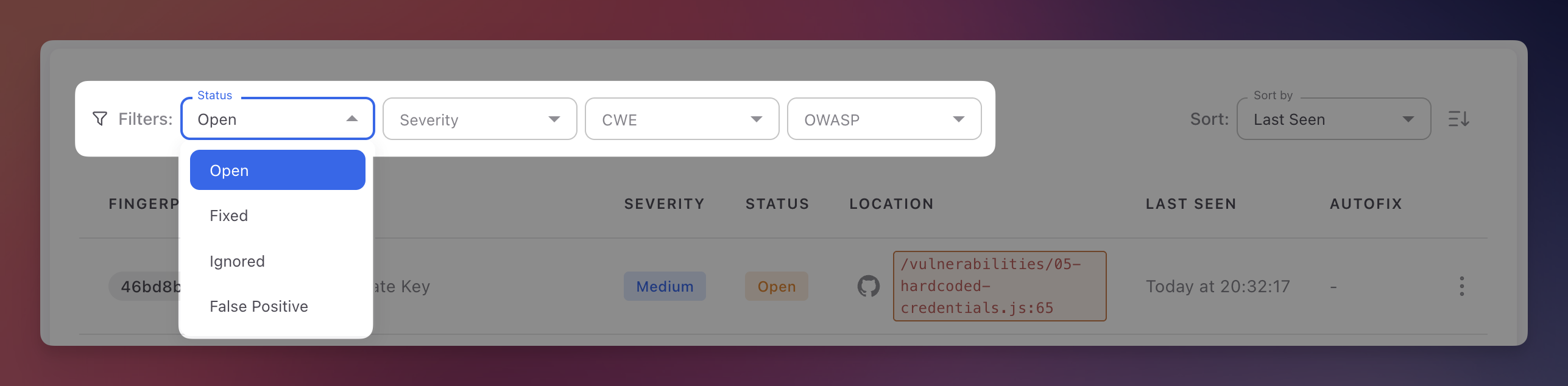 ByteHide Radar Status filter dropdown showing Open, Fixed, Ignored, and False Positive options for filtering findings