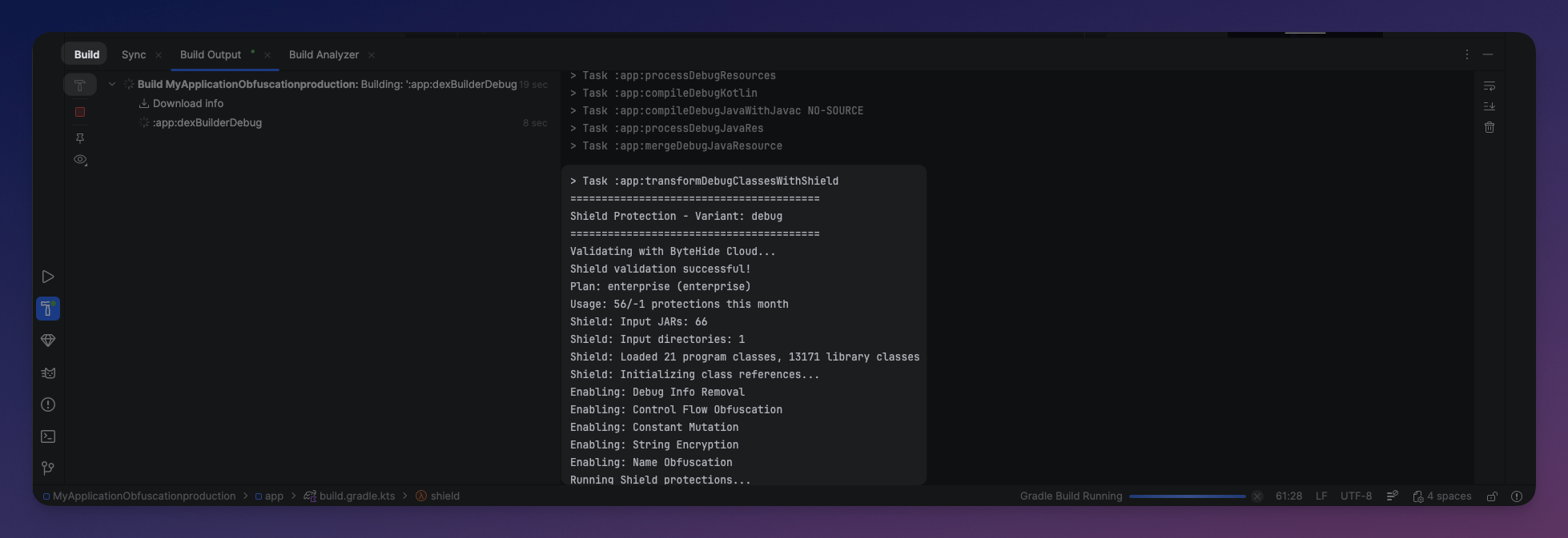 Shield build output showing protections applied