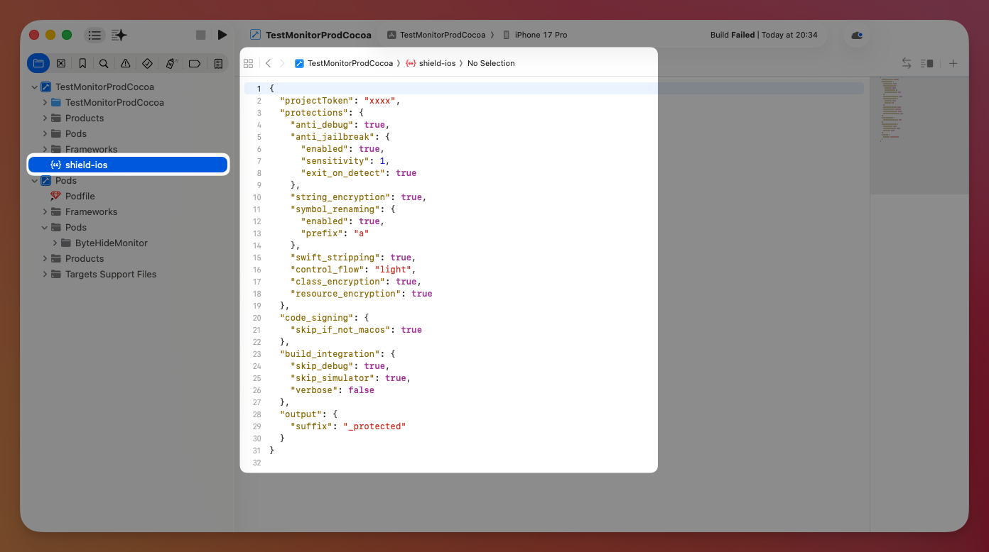 shield-ios.json visible in Xcode project navigator