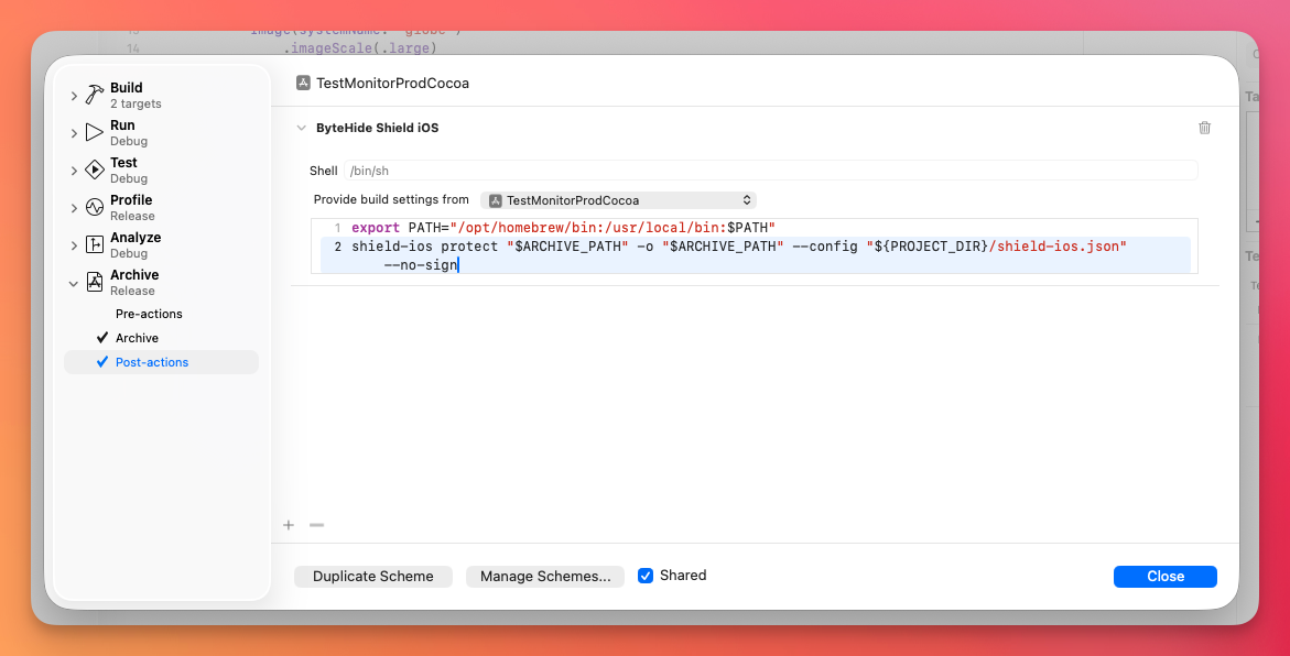 Post-archive action configured in Xcode scheme editor