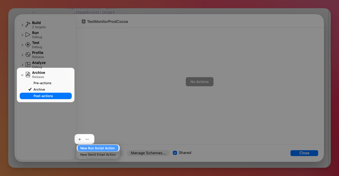 Add a New Run Script Action in Archive Post-actions